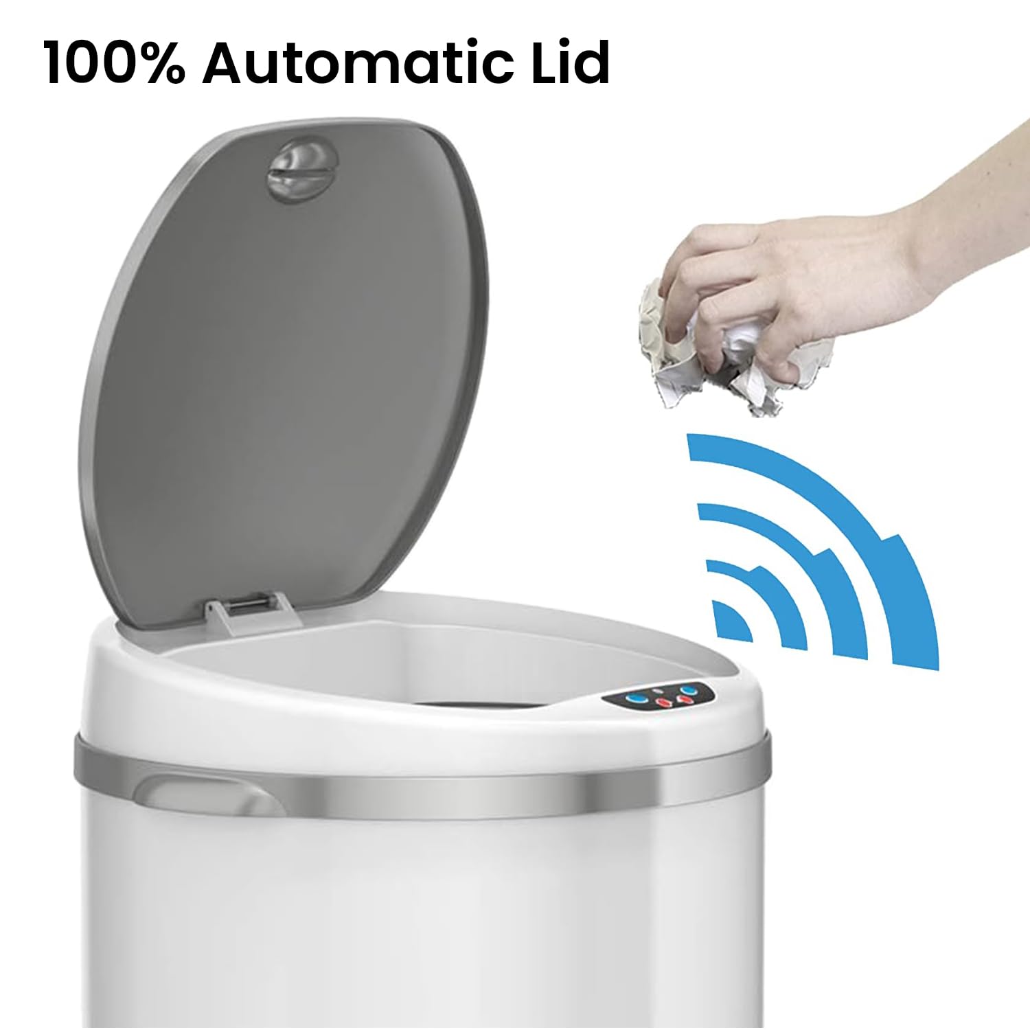 Itouchless 8 Gallon Touchless Sensor Trash Can With Absorbx Odor Filter System, 30 Liter Round White Steel Garbage Bin, Perfect