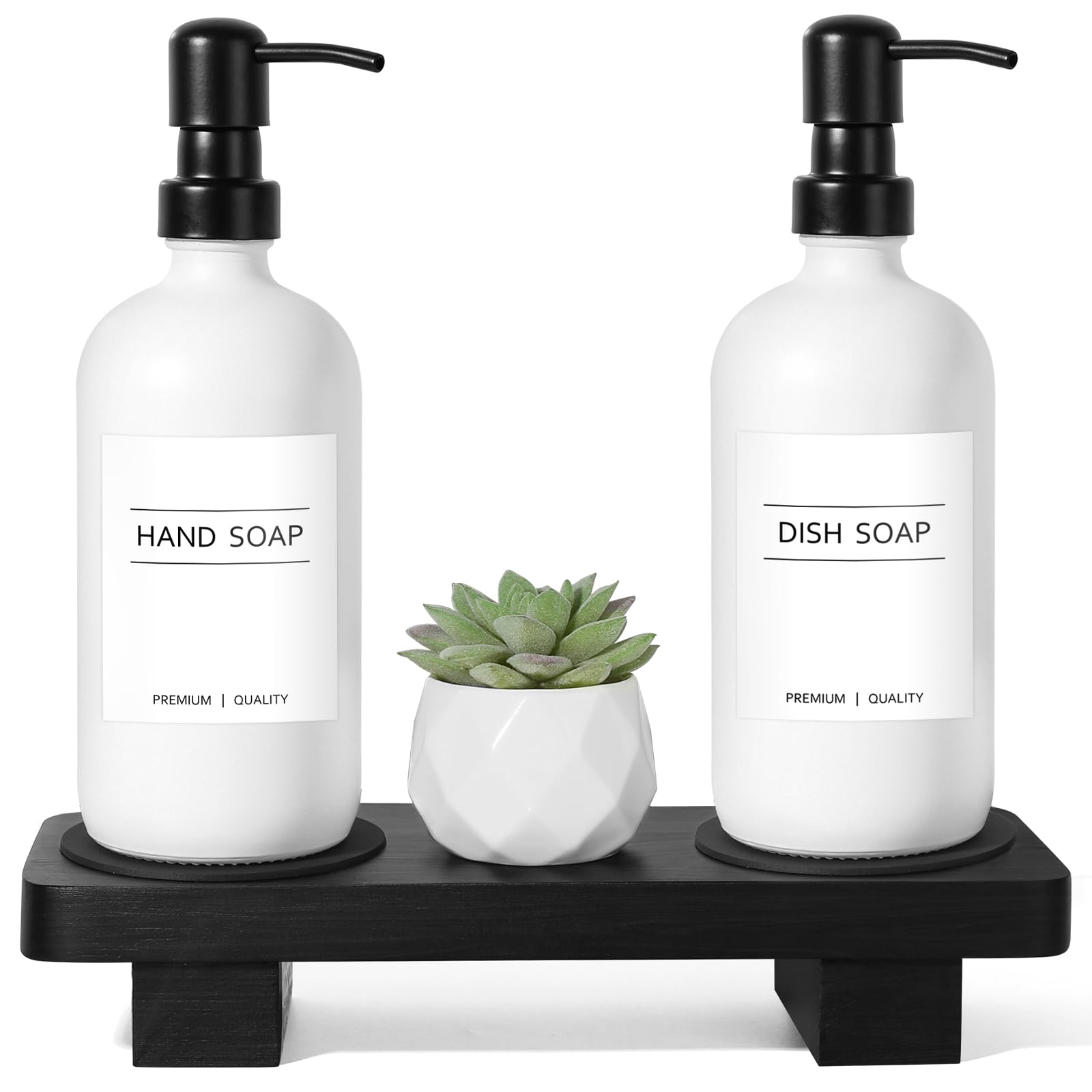 Kasunting Hand Soap Dispenser For Kitchen, White Soap Dispenser With Stainless Steel Pump, Bathroom Soap Dispenser Set With Wood