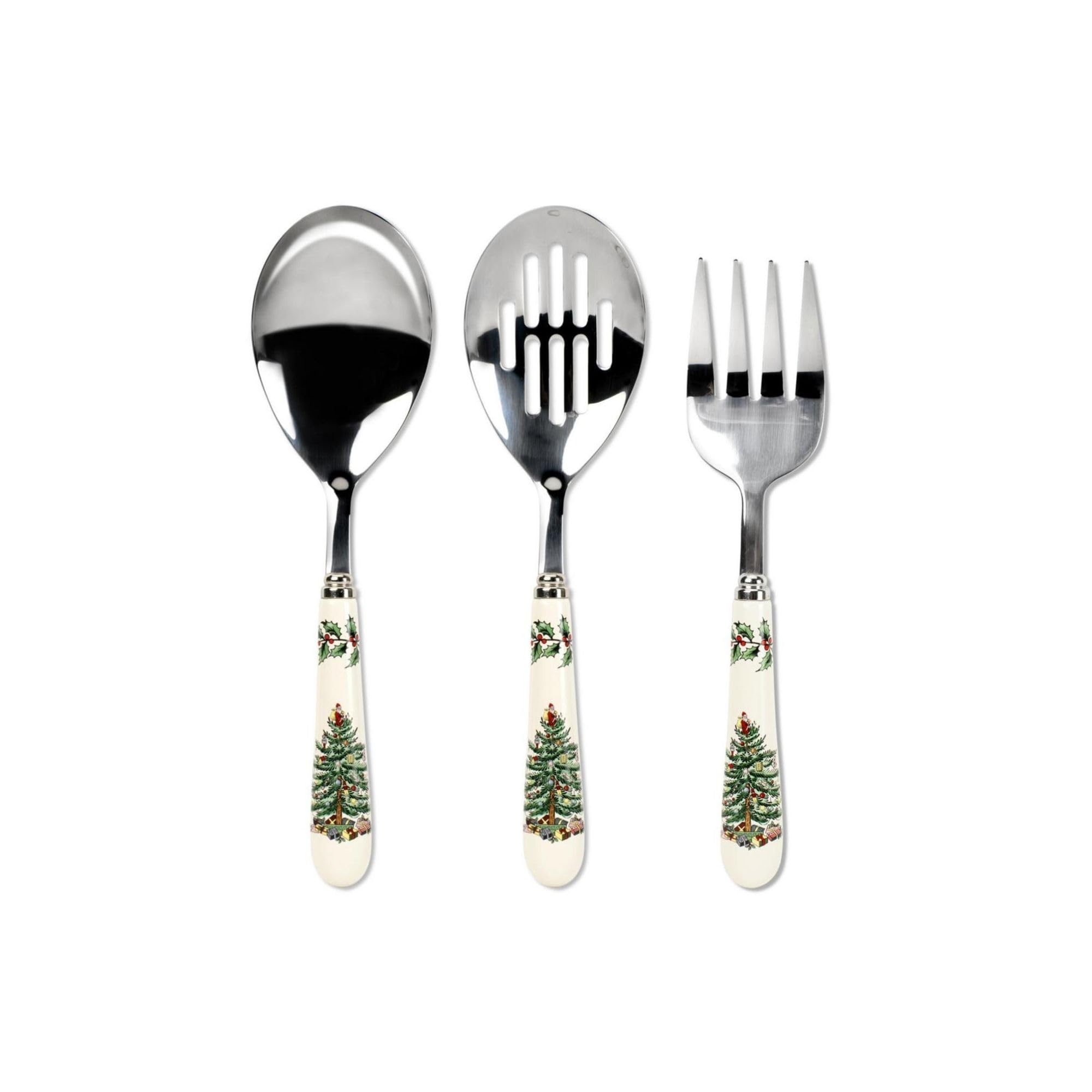 Spode Christmas Tree 3-Piece Stainless Steel Cutlery Set - Porcelain Handle Flatware with Meat Fork, Serving Spoon, and Slotted 