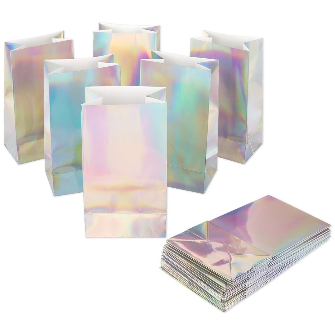Andaz Press Iridescent Party Treat Bags, 25 Pack Holographic Silver Foil Party Gift Bags, 4.5 X 8.5 Inch Favor Bags, Party Favor