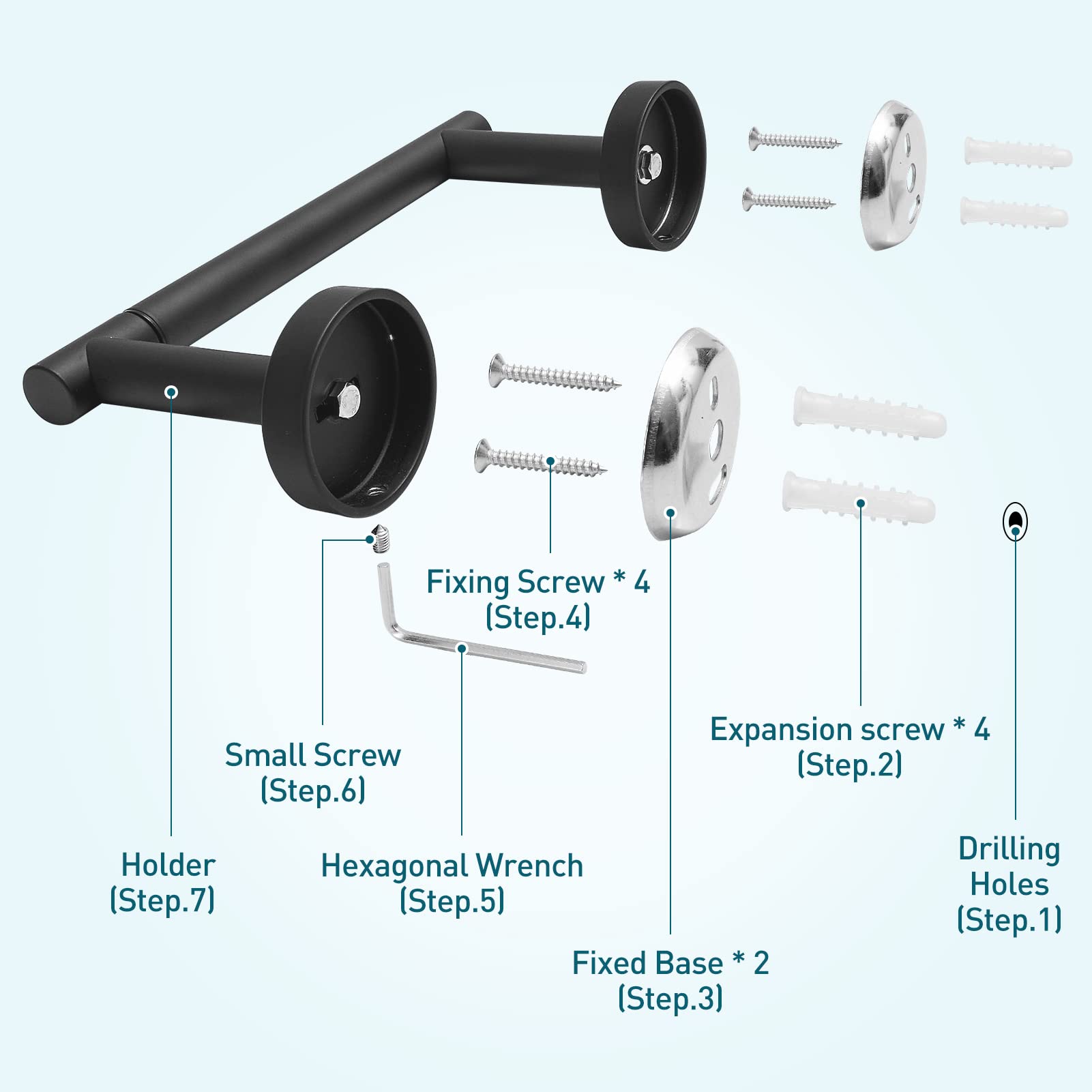 POKIM Black Toilet Paper Holder - Metal Bathroom Flexible Pivoting Tissue Handle on Wall Mounted  SUS 304 Stainless Steel Adjustable TP Large Mega Roll Holder for Wooden Cabinet Classic Matte