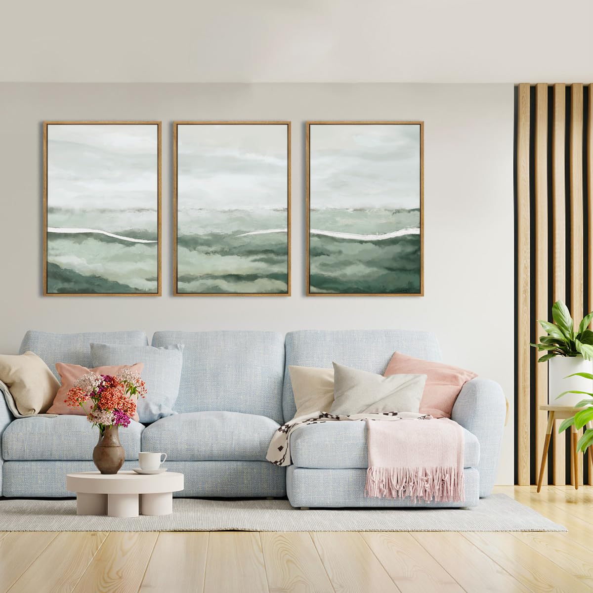 Anhuib Green Wall Art 16X24 Inch Large Canvas Wall Art Abstract Watercolor Wall Decor Misty Landscape Art Prints Framed Neutral