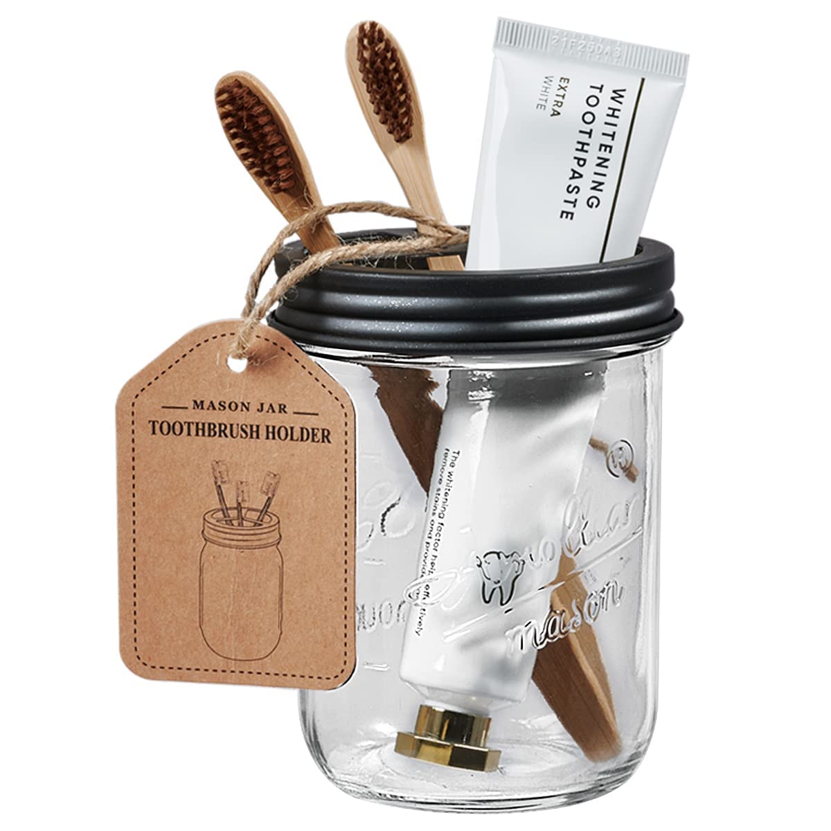 Amolliar Mason Jar Bathroom Accessories Set - 4 Pack, Foaming Soap Dispenser, Qtip Holder, Toothbrush Holder, Rustic Black Decor