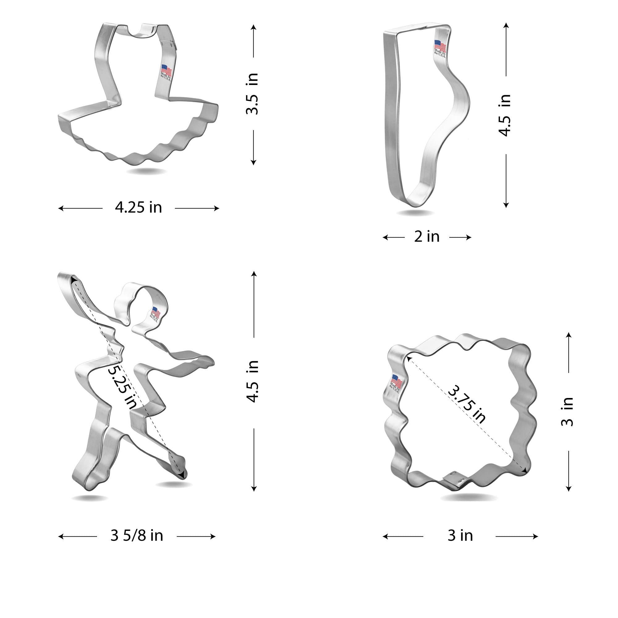 Foose Cookie Cutters 4 Piece Ballet Cookie Cutter Set Ballerina, Tutu, Ballet Slipper, Fancy Square, Usa