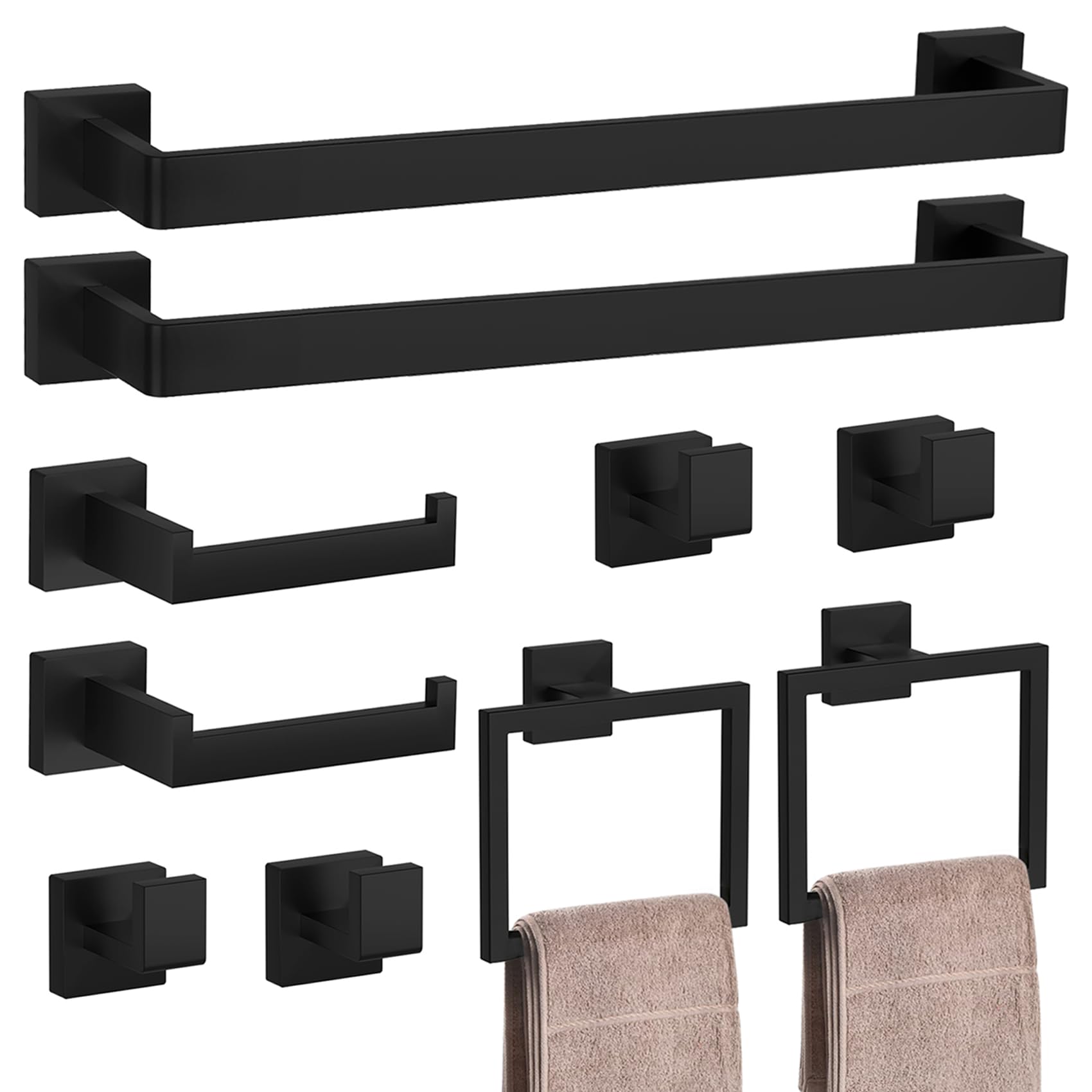 10-Pieces Matte Black Bathroom Accessories Set, 23.6 Inch Bath Towel Bar Set, Sus 304 Stainless Steel Bathroom Hardware Set, Tow