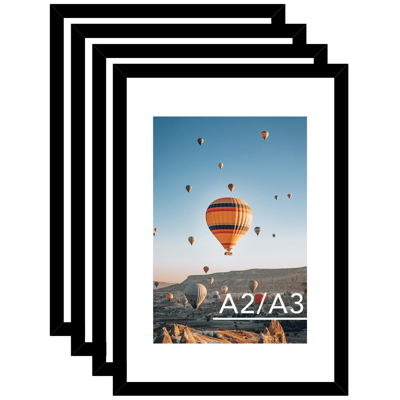 JCJMY 16.5x23.4 A2 Picture Frame Set of 4 Black with 11.7x16.5 A3 Mat, Display Photo 11.7x16.5 with Mat or 16.5 x 23.4 Without M