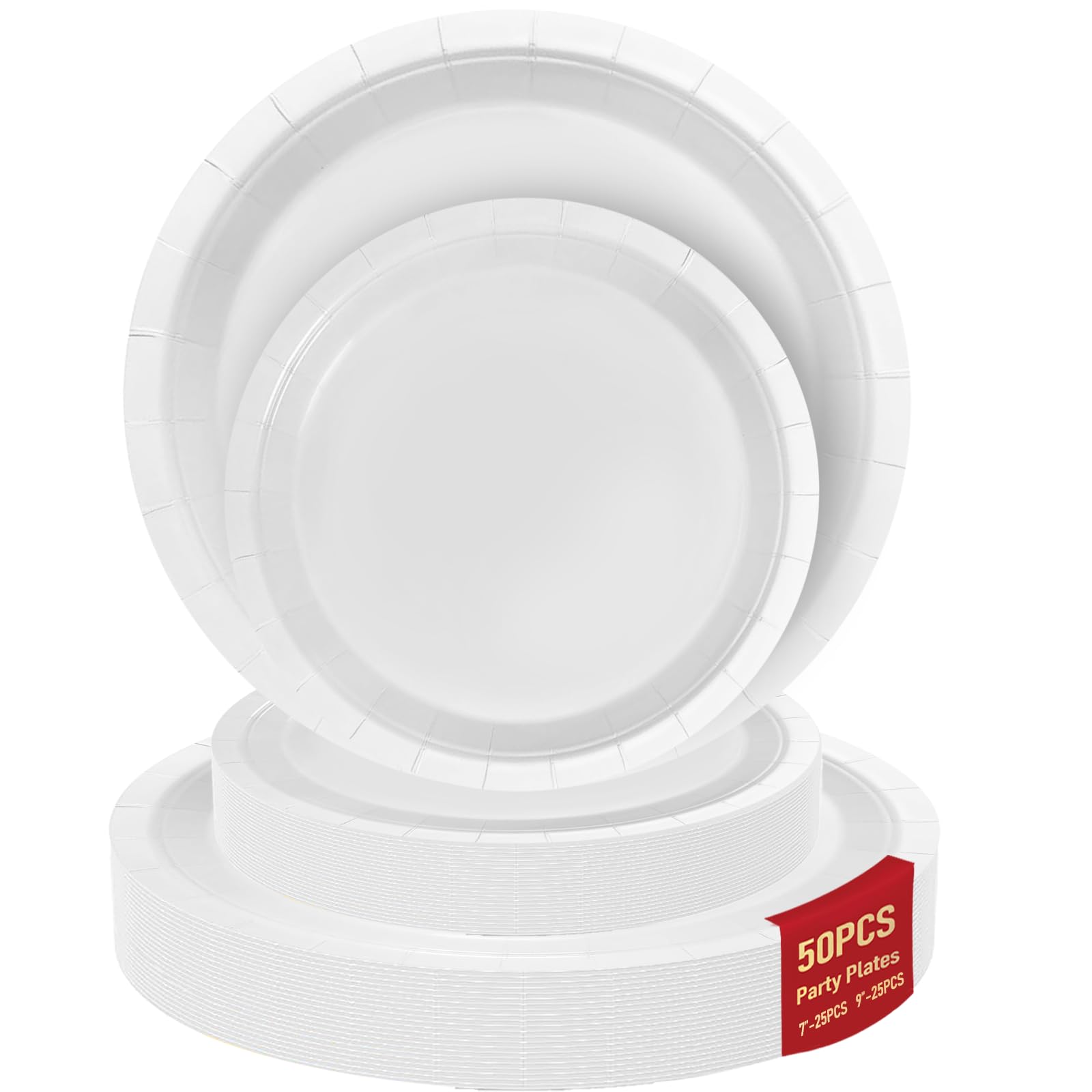 50 White Paper Plates for Party Set Includes 25-9 & 25-7 Thickened Disposable Plates, Birthday Cake Dessert Plates for Party Sup