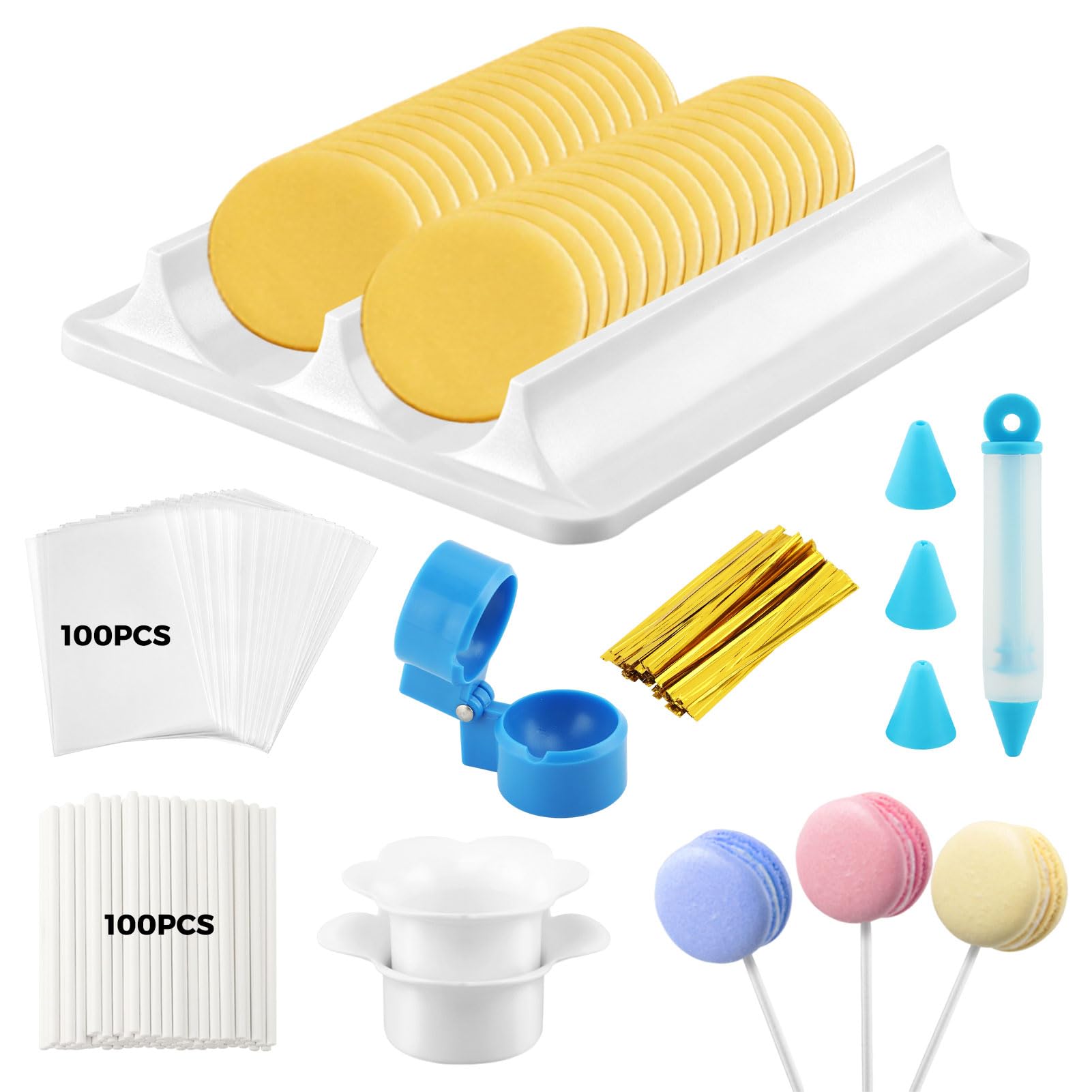 Qevylentte 304Pcs Cake Pop Mold Kit, Round Sphere Mold Cutter and Pusher with Tray Icing Pen Paper Sticks Bags Twists, Baking Mo