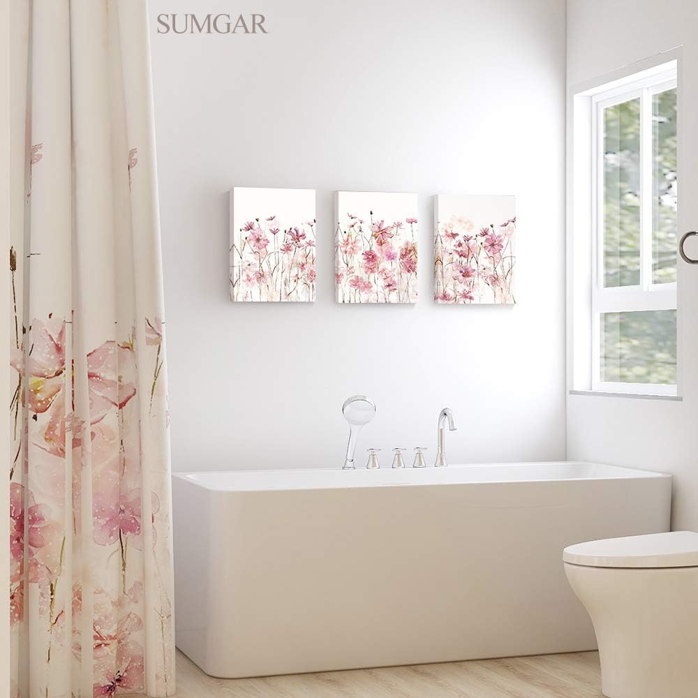 Sumgar Pink Flower Wall Art Bedroom 3 Piece Romantic Floral Wildflower Plants Nature Scenery Canvas Watercolour Paintings, Red B
