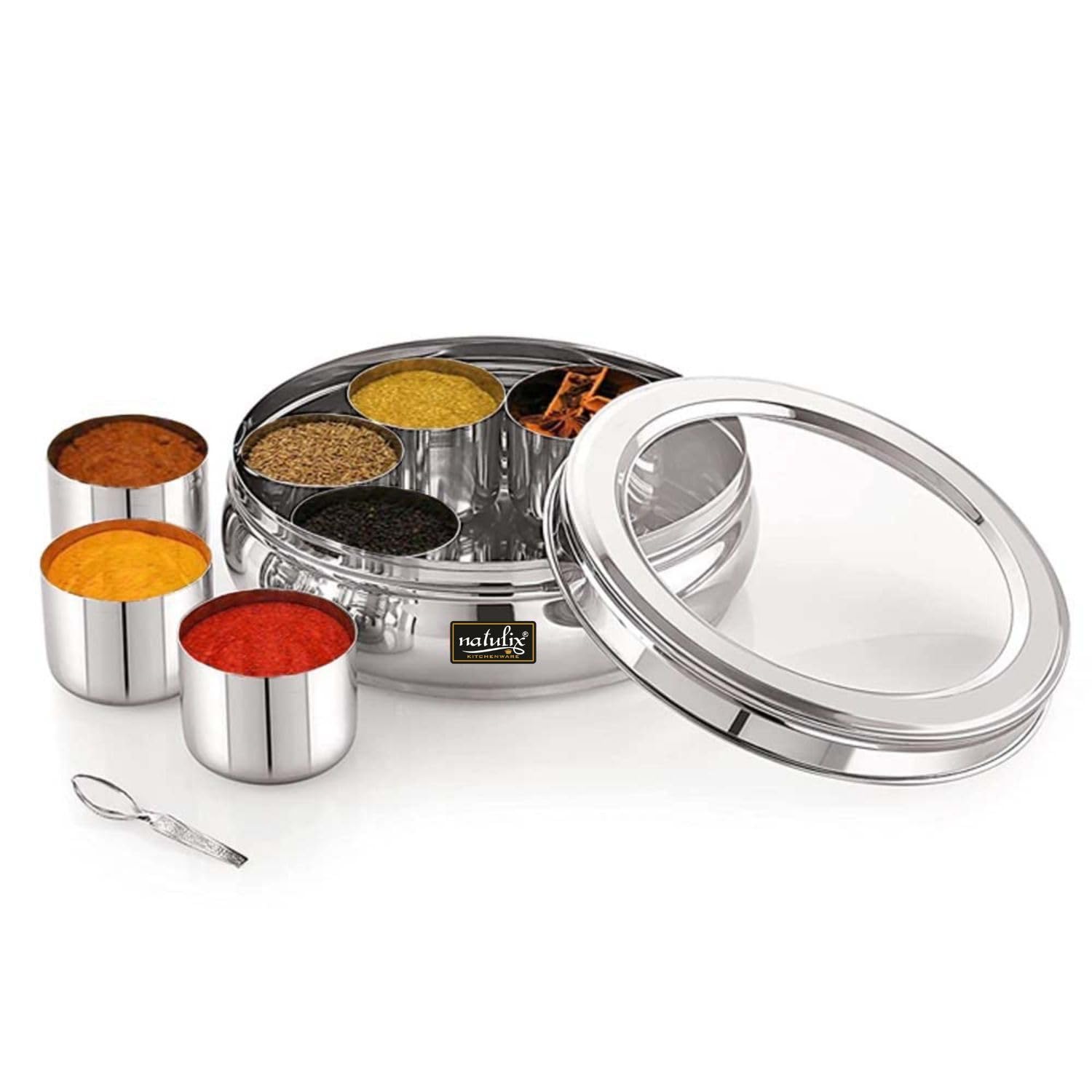 Natulix Stainless Steel Masala Box For Kitchen | Spice Box For For Kitchen | Masala Dabba With See Through Lid With 7 Containers
