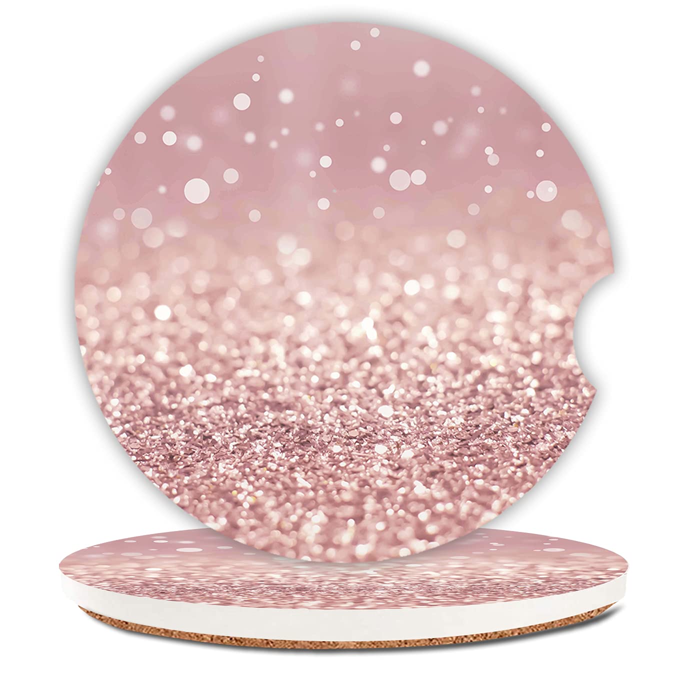Pink Glitter Absorbent Car Coasters,Pretty Girly Ceramic Cup Holders Coasters With A Finger Notch For Women Men 2.56(2 Pieces)