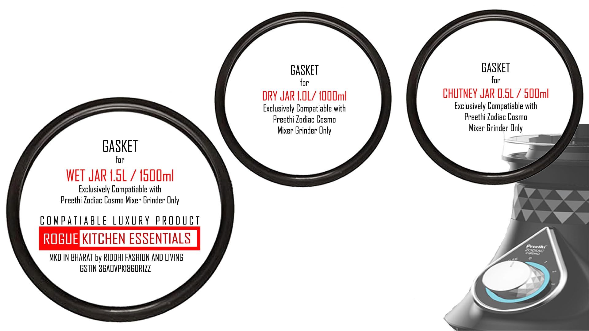 Replacement Gaskets (Set of 3)  Compatiable With Preethi Zodiac Cosmo Mixer Grinder Only  3 Gaskets each for Wet Jar, Dry Jar
