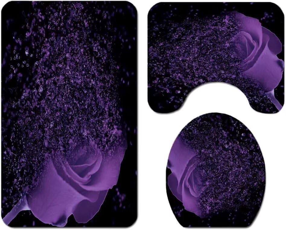 Yddsky Purple Rose 4 Pcs Shower Curtain Sets Non-Slip Rugs Bath Mat Toilet Cover U Shaped Mat Black Purple Shower Curtain With 1