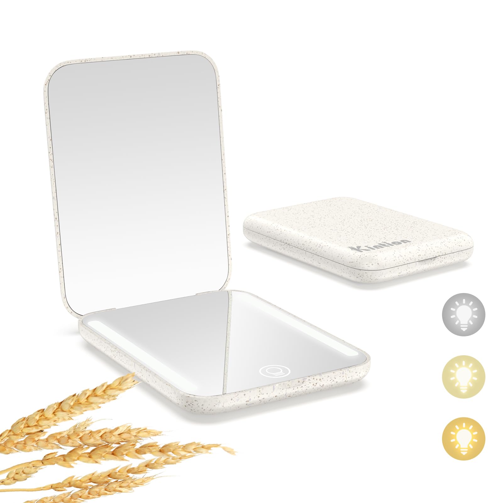 Kintion Rechargeable Pocket Mirror, Wheat Straw Material 1X/3X Magnification Portable Compact Mirror, Safety And Environmental P