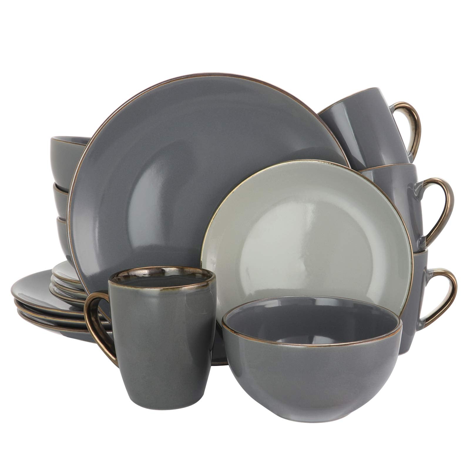 Elama Round Stoneware Grand Collection Dinnerware Dish Set, 16 Piece, Assorted Solid Gray