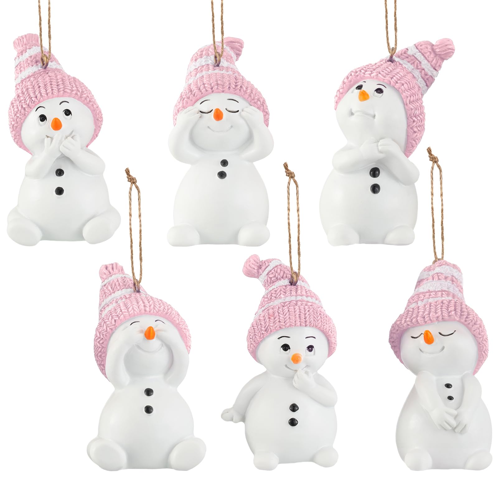 Lyrow 6 Packs Resin Pink Snowman Christmas Ornament with Various Animated Faces Christmas Tree Hanging Decorations, Party Decors