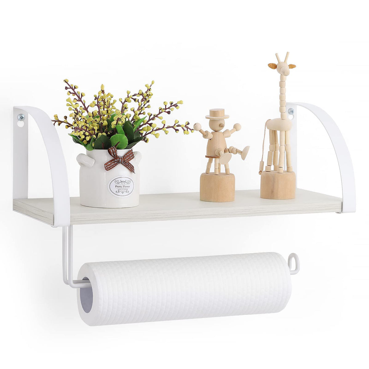 Farmhouse Wood Paper Towel Holder Under Cabinet Wall Mount Paper Towel Holder With Storage Shelf For Kitchen, Bathroom, Cabinets