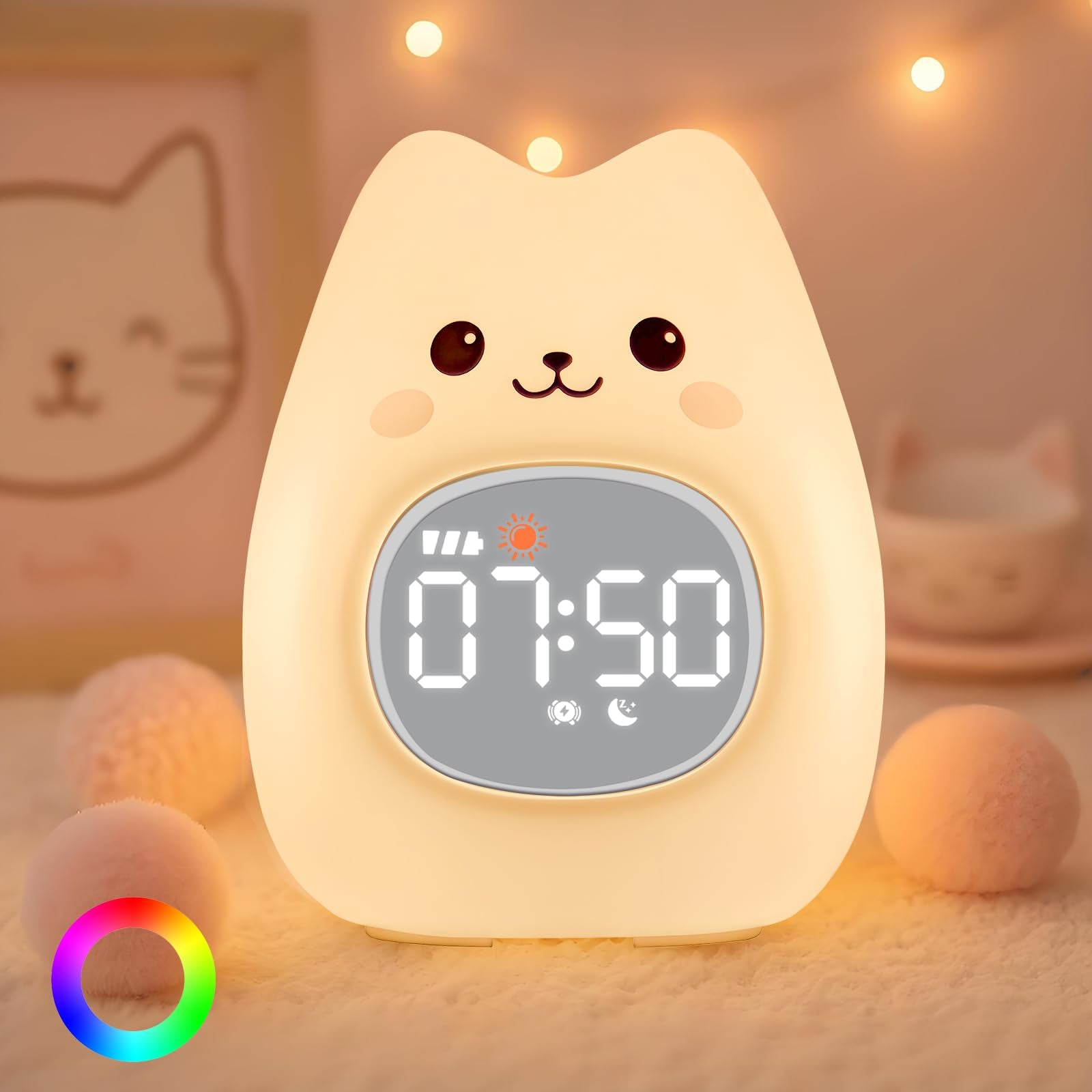 Aokpsrt Cat Alarm Clock with Night Light for Kids with Sleep Training and Sound Machine, Rechargeable Silicone Lamp OK to Wake C