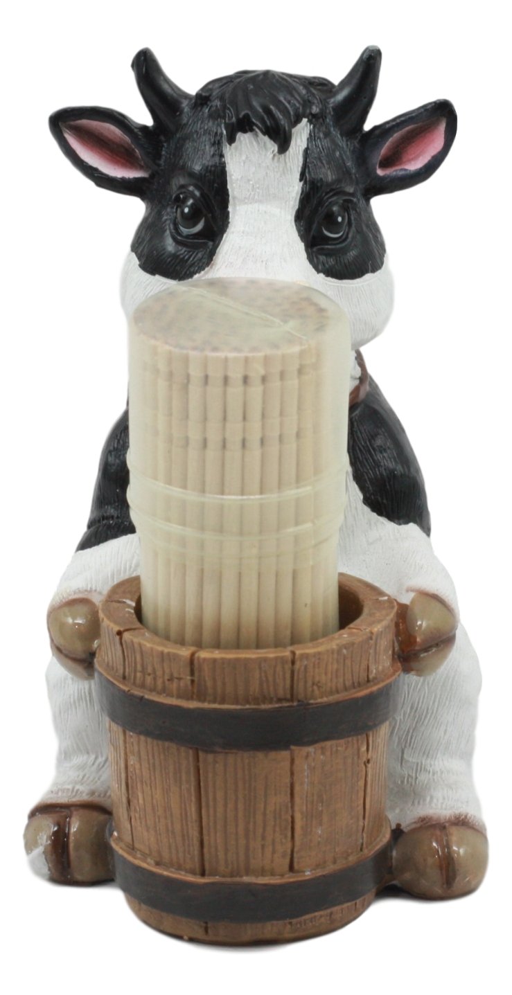 Ebros Country Farm Bovine Cow With Bell Collar Holding A Wooden Barrel Decorative Toothpick Holder Statue With Toothpicks 4''Tal