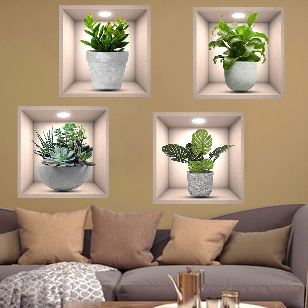 Imagitek 4 Pack 3D Green Plants Wall Stickers Botanical Plants Wall Decals For Bedroom Living Room Kitchen
