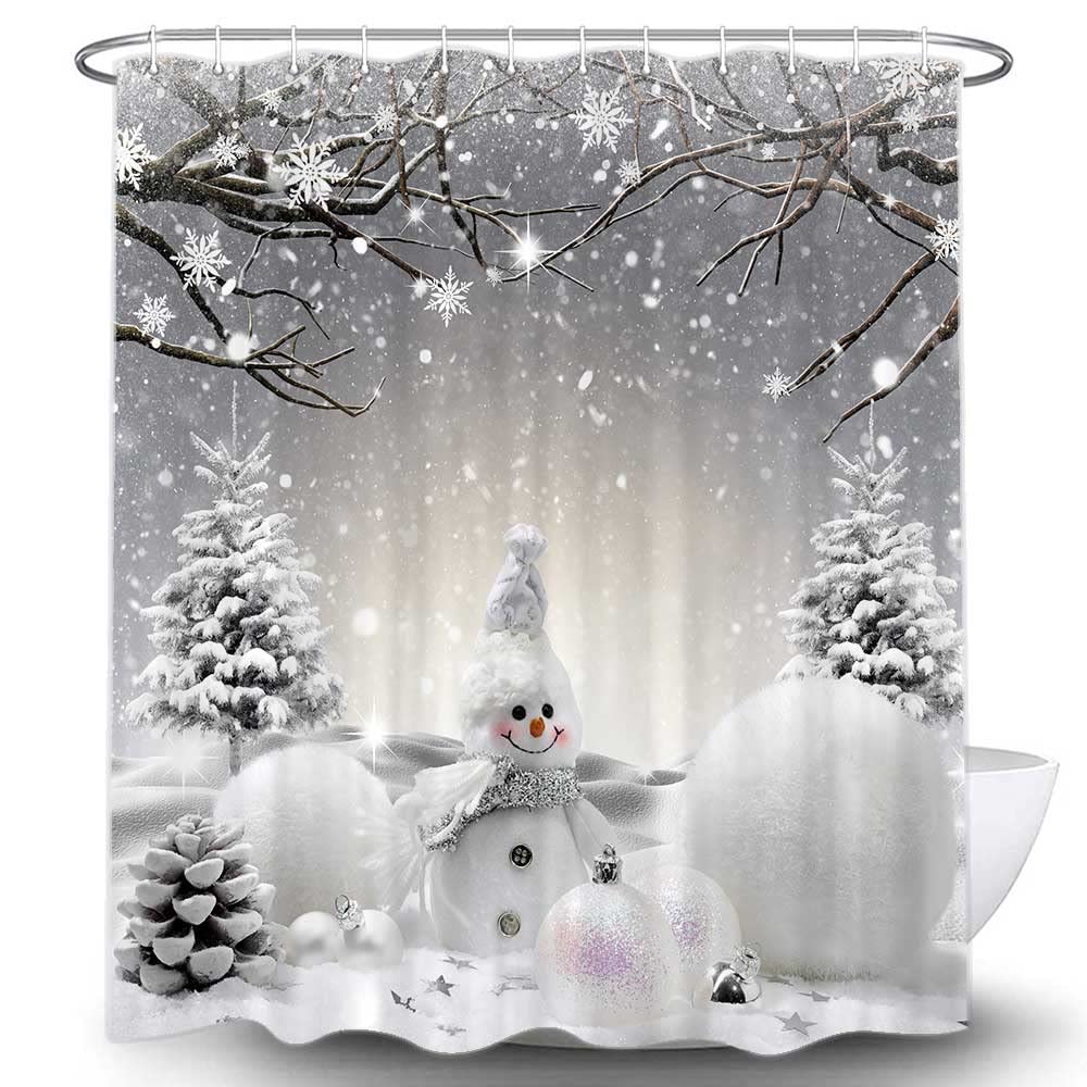 Veigike Christmas Snowman Shower Curtain, Grey Winter Snowflake Holiday Xmas Fabric Shower Curtains Set For Bathroom, Cute Gray
