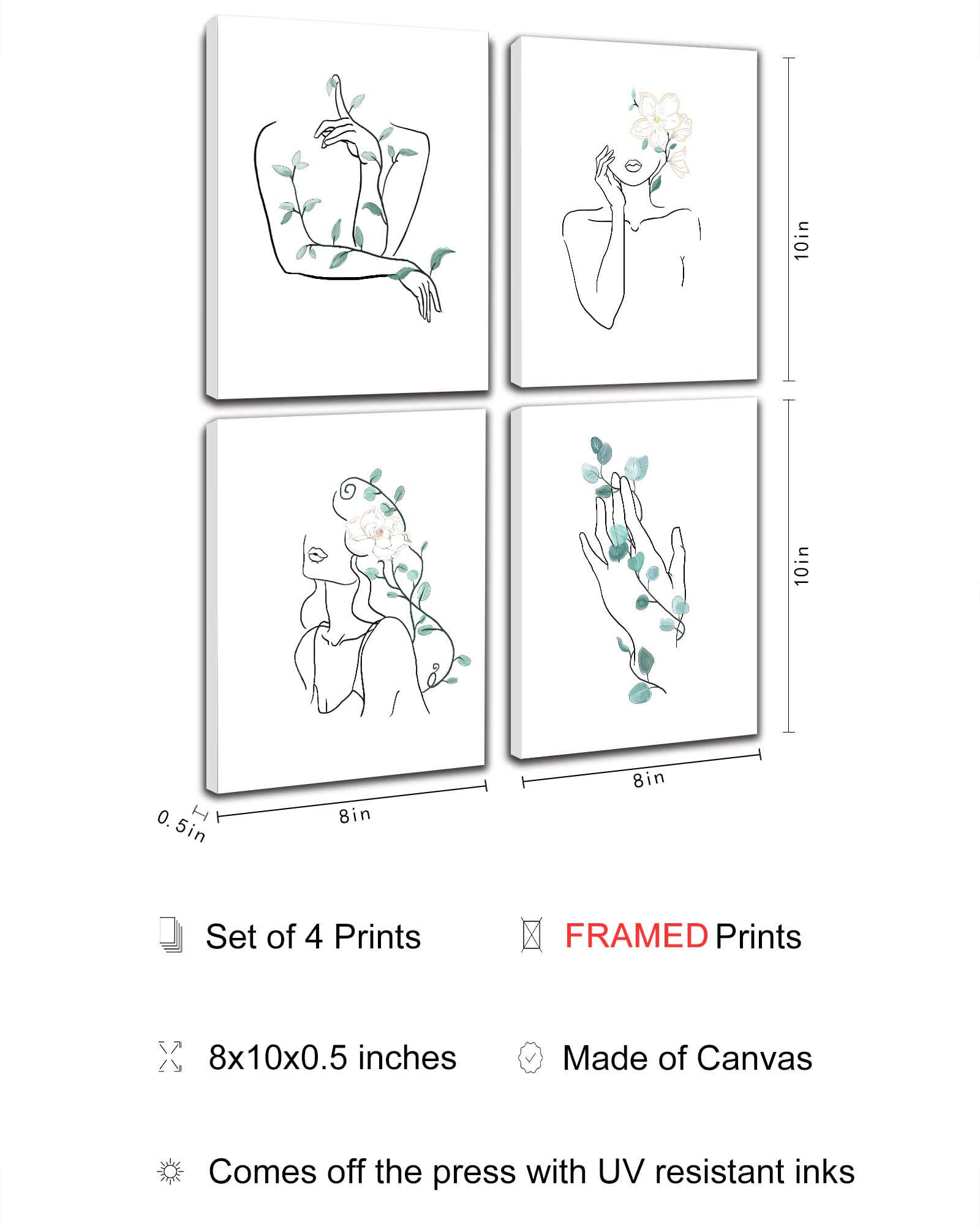 Botanical Framed Wall Art Decor for Women - Boho Wall Art for Living Room - Minimalist Wall Art Decor for Office - Modern Abstract Room Decor for Bedroom - Line Art Wall Decor - Floral Wall Decor - Set of 4 - 8x10 inches (20x25 cm)