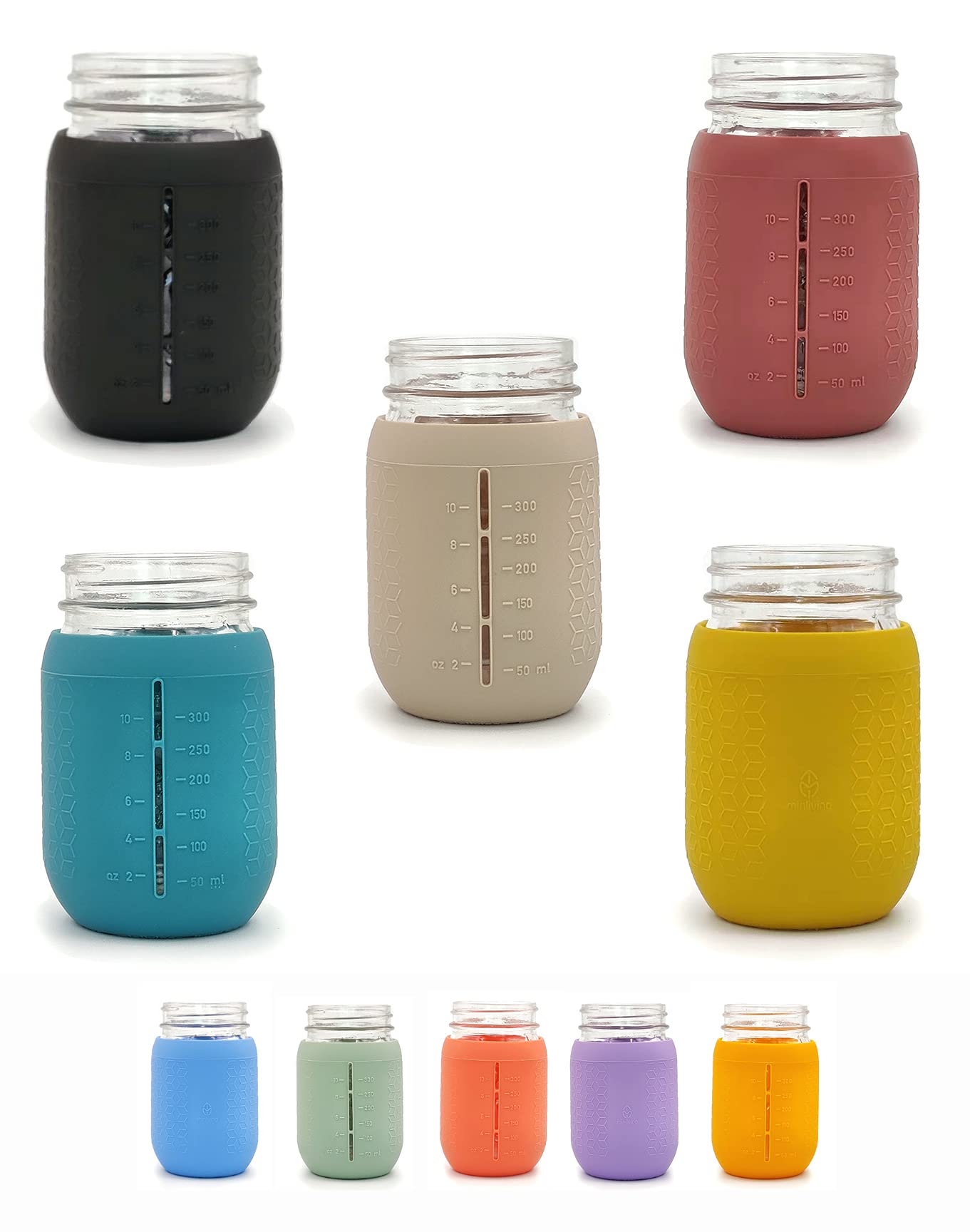Minliving Silicone Mason Jar Sleeves, Cup Holder 5 Pack Value Combo Anti-Slip Protection - Fits 16Oz Regular Mouth Jelly Canning
