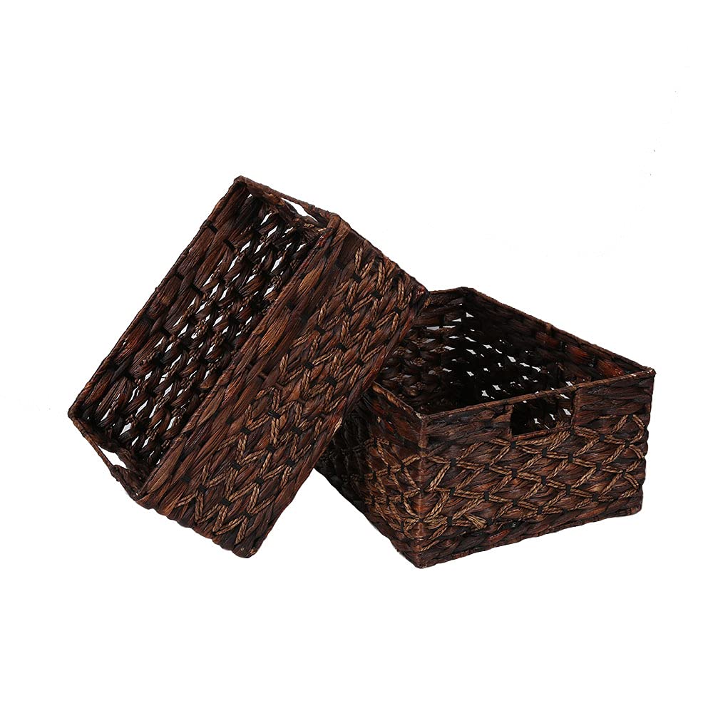 Rectangular Woven Water Hyacinth Basket,Dark Storage Basket With Inside Handle Shelves Kitchen Office Desk (Set Of 2)