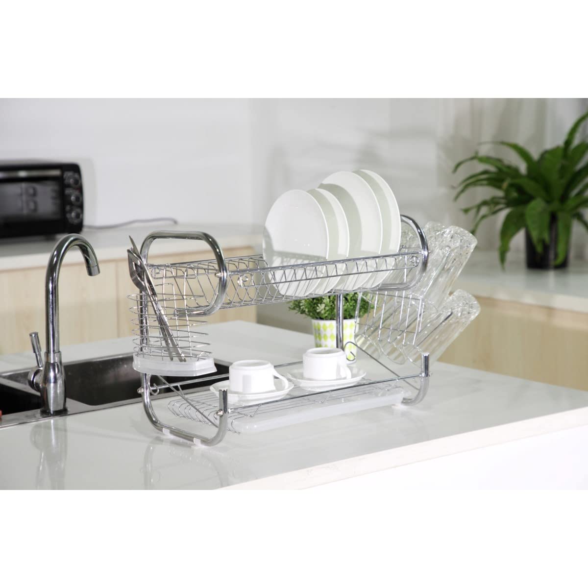 J&V Textiles Dish Drying Rack, Stainless Steel 2-Tier Dish Rack With Utensil Holder, Cutting Board Holder And Dish Drainer For K