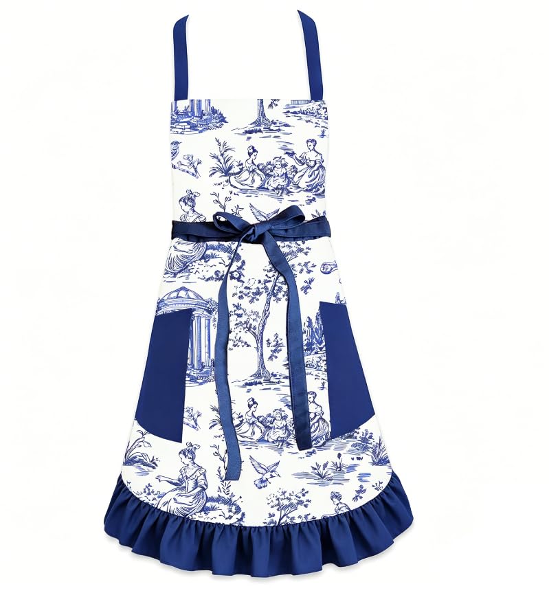 Fysuimu Blue Toile De Jouy Kitchen Apron With Ruffled Hem & Pockets