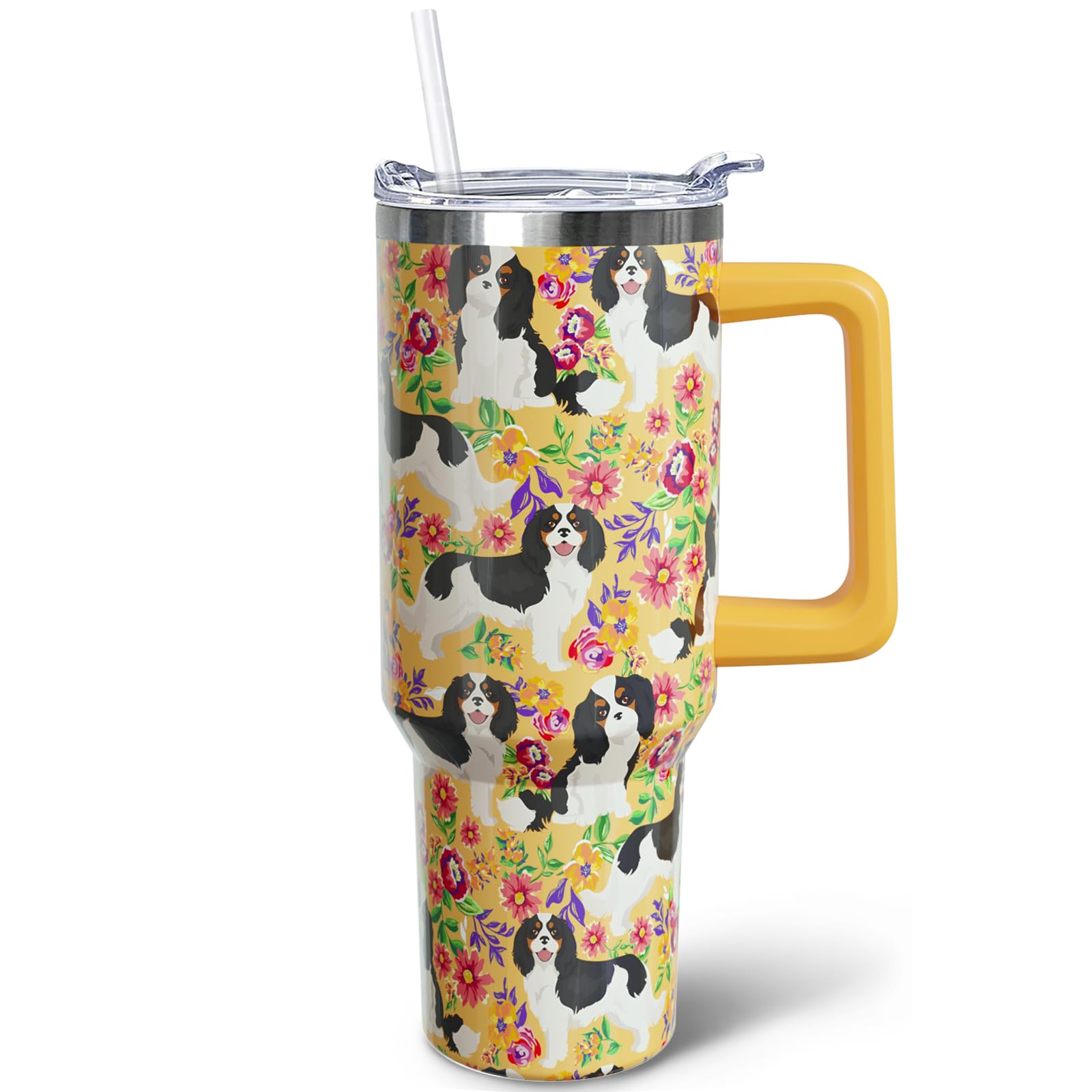 puhnhsv 40 oz King Charles Cavalier Spaniel Tumbler with Handle, Insulated Stainless Dog Tumbler Coffee Travel Mugs Cup Water Bo