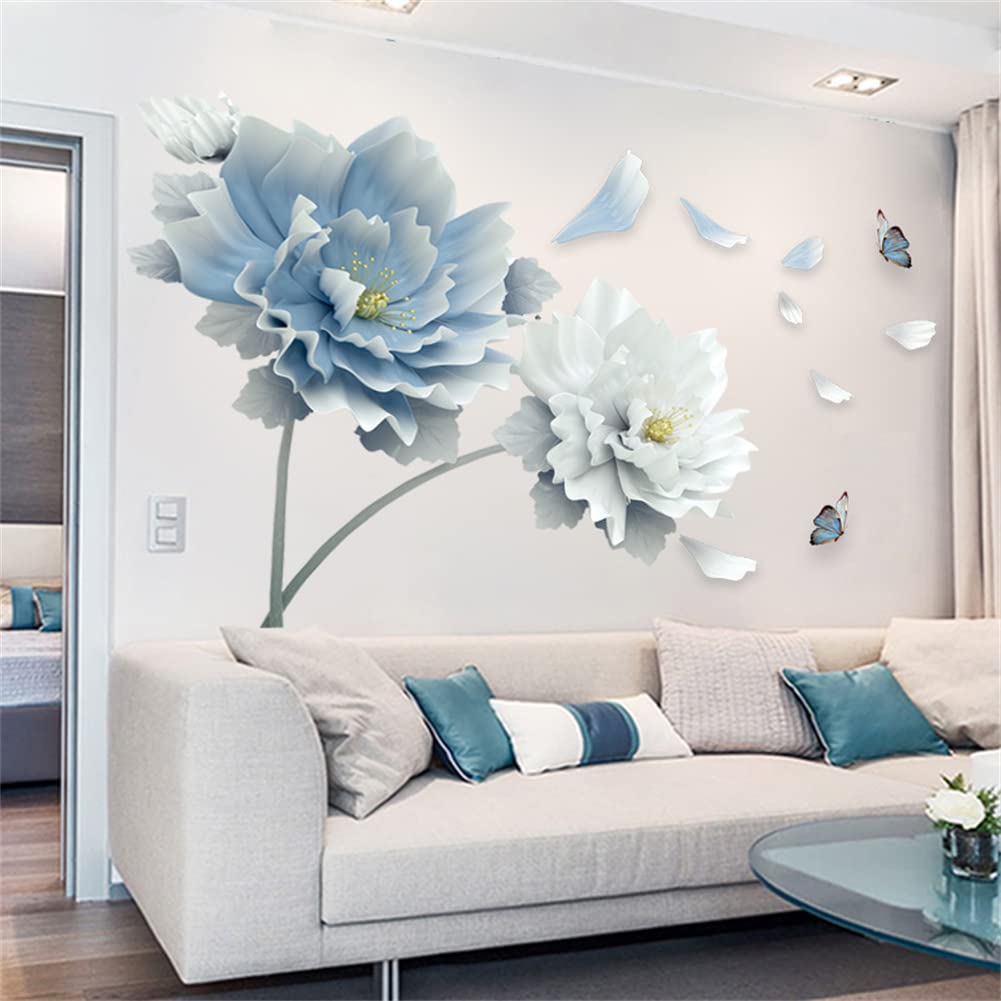 Blue Flower Wall Decals Stickers,Peel And Stick Flower Wall Sticker Diy Floral Wall Art For Bedroom Living Room Classroom Office