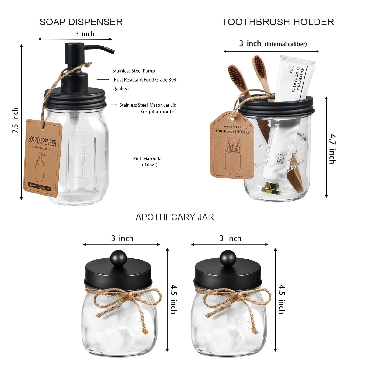 Amolliar Mason Jar Bathroom Accessories Set 4 Pcs -Lotion Soap Dispenser & 2 Cotton Swab Holders & Toothbrush Holder - Rustic Fa