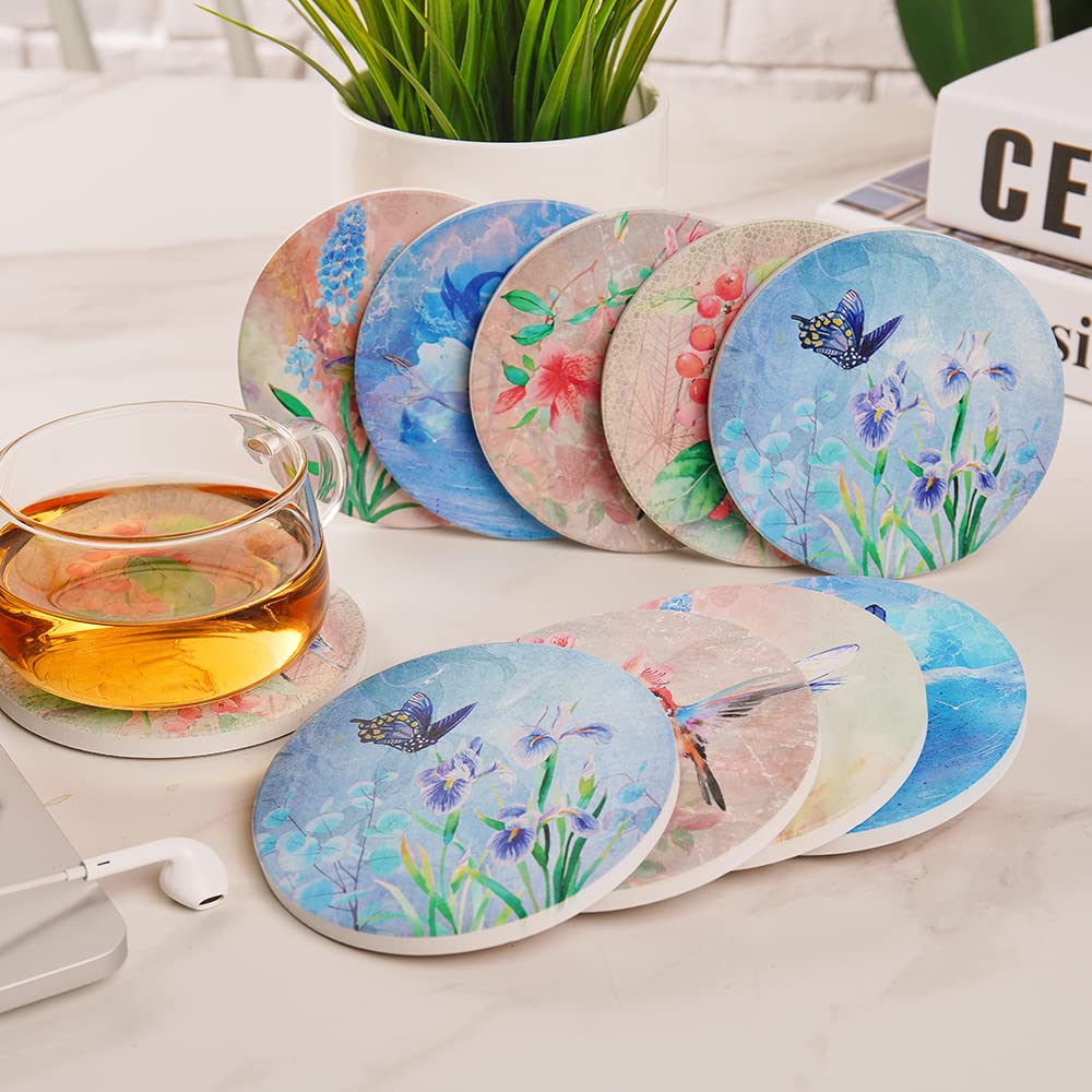 Trinsi Coasters For Drinks, Set Of 10 Absorbent Ceramic Stone Coasters, Natures, With Cork Back 5 Designs