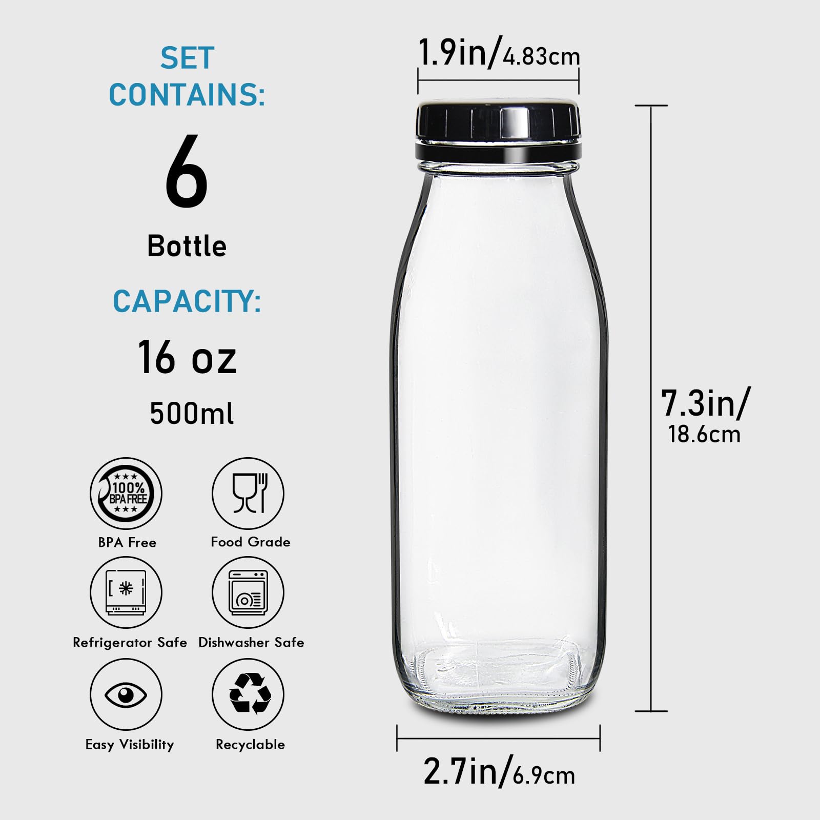 YEBODA 16oz Glass Milk Bottle with Plastic Tamper-proof Caps (6 Pack) Vintage Reusable Dairy Drinking Containers  Glass Bottles for Milk  Juice Yogurt  Smoothies  Honey  Tomato Sauce  Jam  Syrup