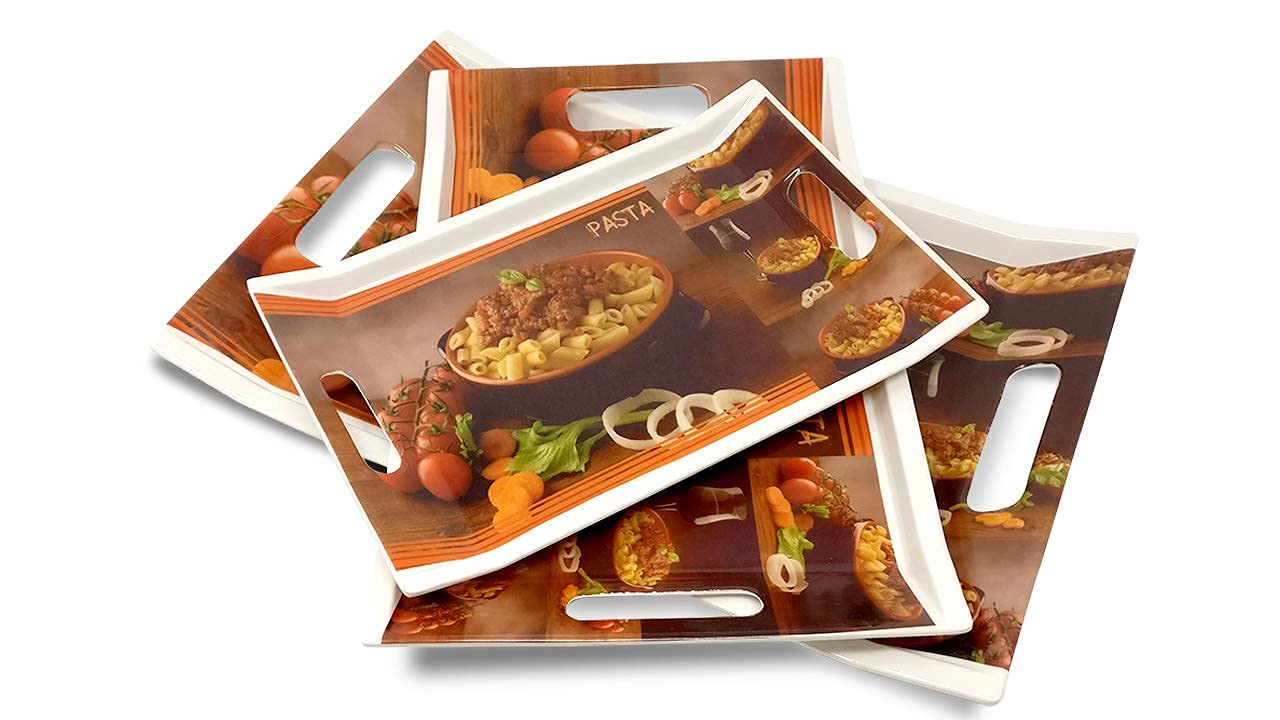 FEDOY Crystal Melamine Serving Tray, Set of 3 Villori Series (Multicolorcoloured, White | Small, Medium and Large Size Rectangul