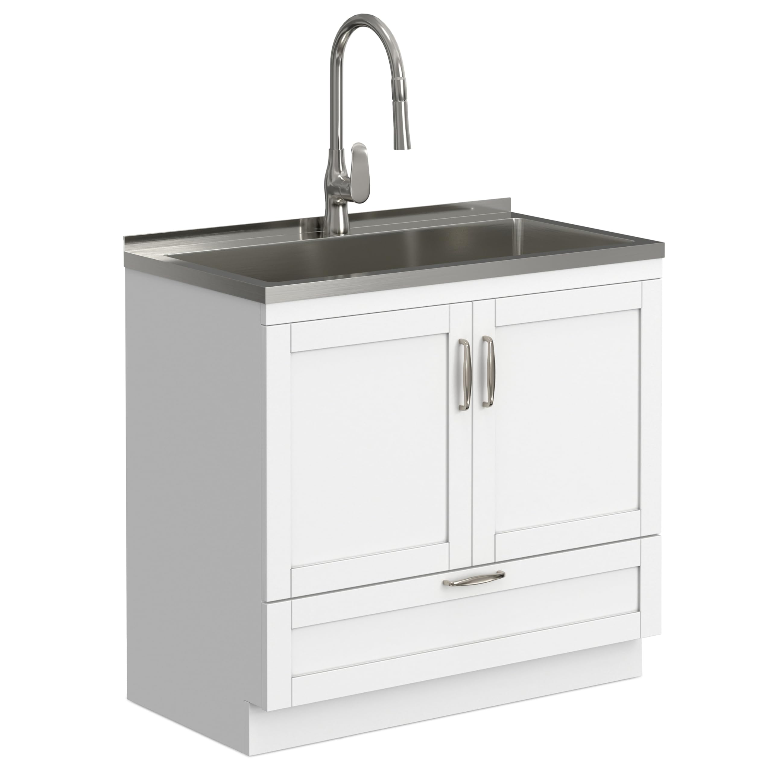 SIMPLIHOME Reed All-in-One 36 inch Wide Utility Sink and Laundry Cabinet in Pure White Finish, Transitional Stainless Steel Sink