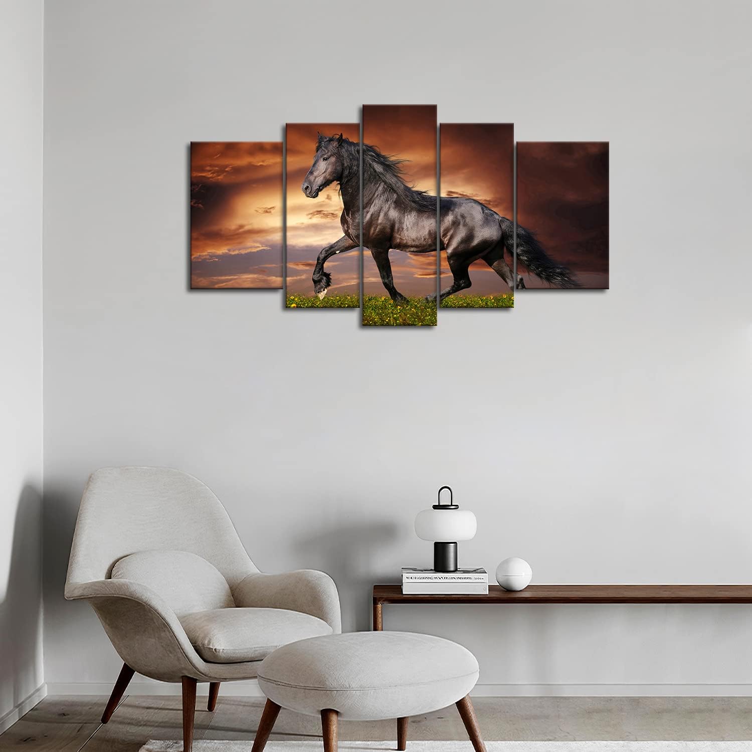 5 Panel Wall Art Black Friesian Running Horse Trot On The Field On Sunset Grass and Flower Painting Pictures Print On Canvas Animal The Picture for Home Modern Decoration Piece (A)