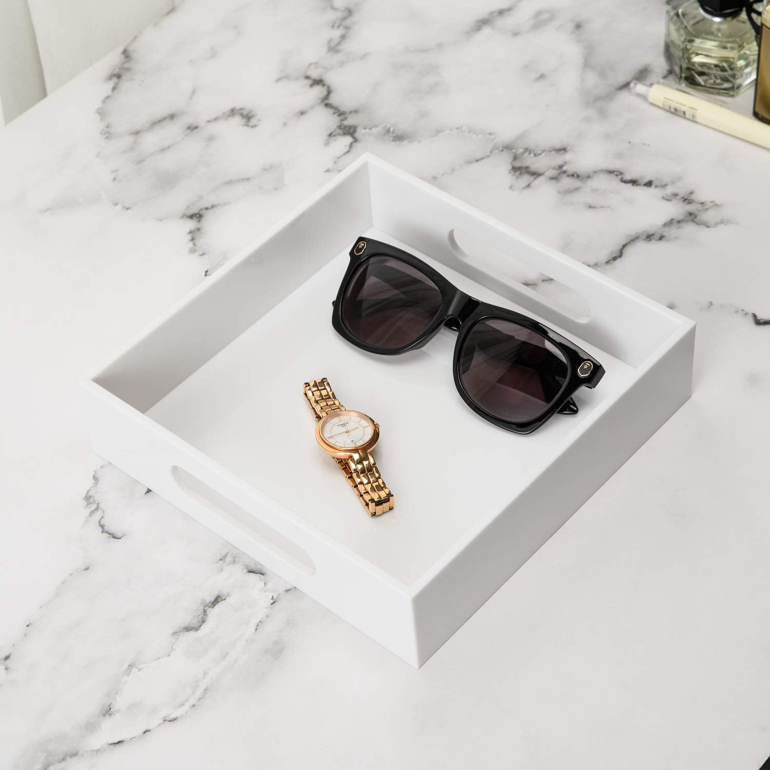 Kevlang White Sturdy Acrylic Tray With Handles-8X8 Inch- Countertop Organizer Tray For Kitchen,Bathroom,Office- Storage Box For