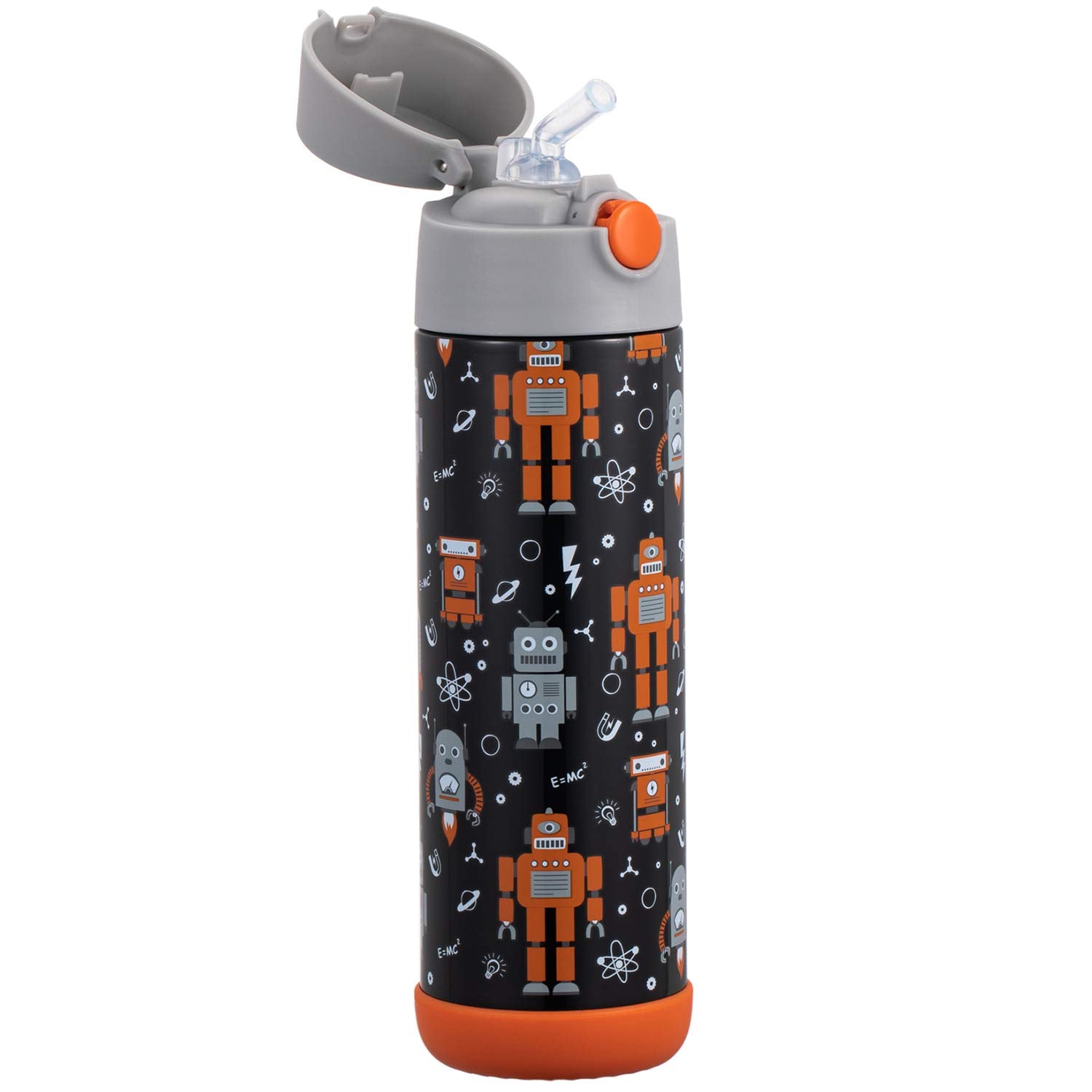 Snug Kids Water Bottle - insulated stainless steel thermos with straw (girlsBoys) - Robots  17oz
