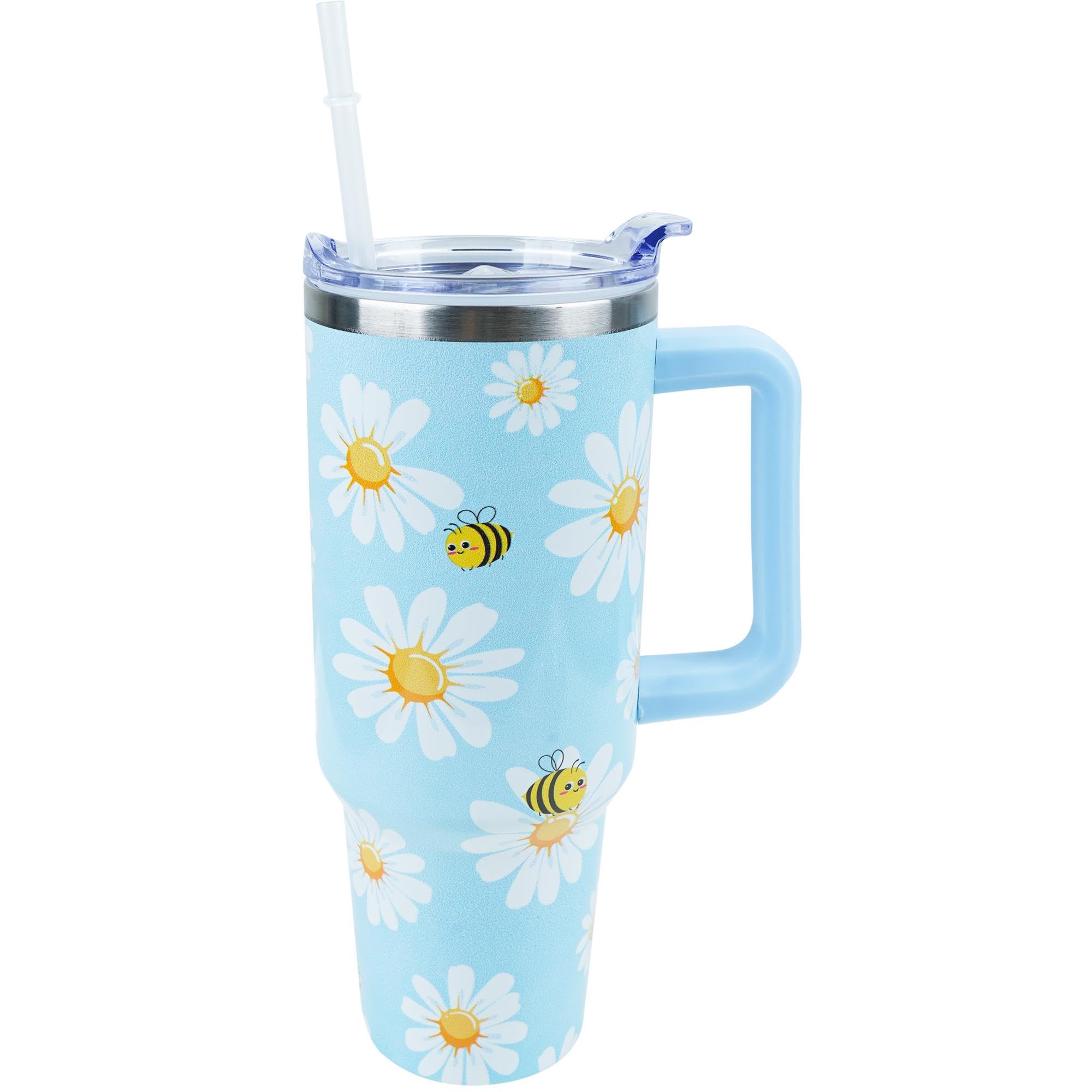 PERRIFIC 40 oz Daisy Tumbler with Handle and Straw Lid Leak Proof, Daisy Coffee Travel Mug with Handle Insulated for Hot and Col