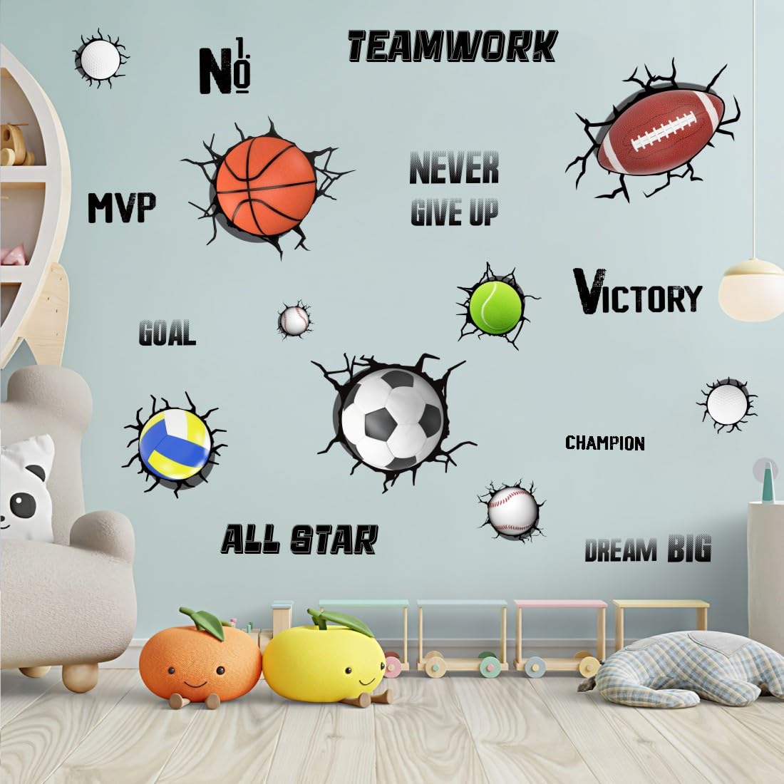 Yimehdan 3D Sport Balls Wall Decals, Football, Volleyball, Rugby, Basketball, Tennis Vinyl Wall Stickers, Removable Sports Break