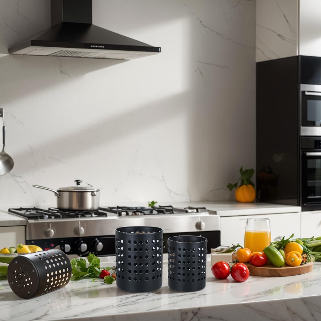 Ksendalo Round Black Metal Utensil Holder Set Of 3 - Caddy & Organizer For Drying Cooking Spoons, Spatulas, And Silverware - Ess