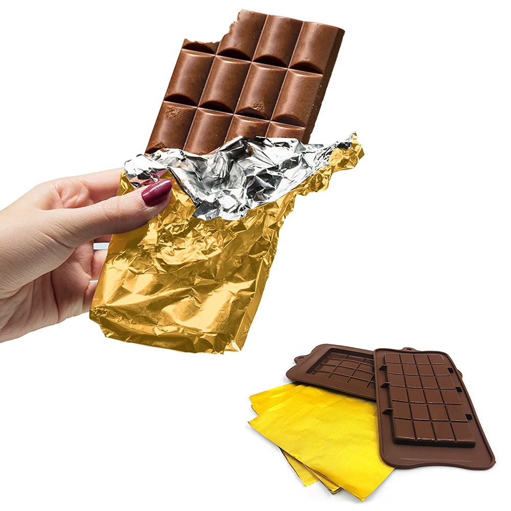 4 Pcs Chocolate Molds With 100 Gold Foil Wrappers, Finegood Non-Stick Chocolate Bar Molds Chocolate Bar Maker Break-Apart Silico