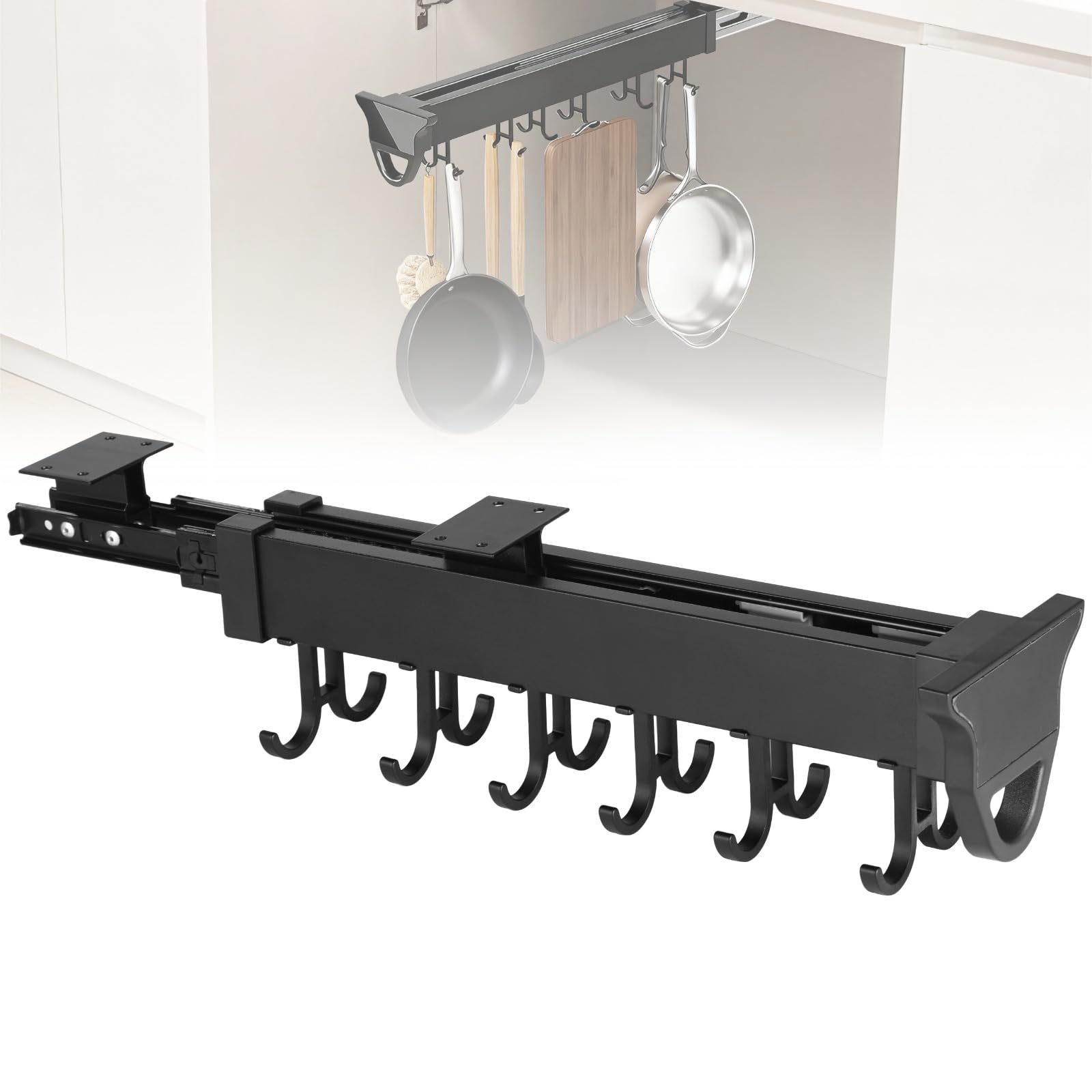 Homaisson Pull Out Hanging Pot Rack, 12Hook Extendable Sliding Rail Organizer, Metal Pull Out Pan Rack for Under Cabinet, Adjus