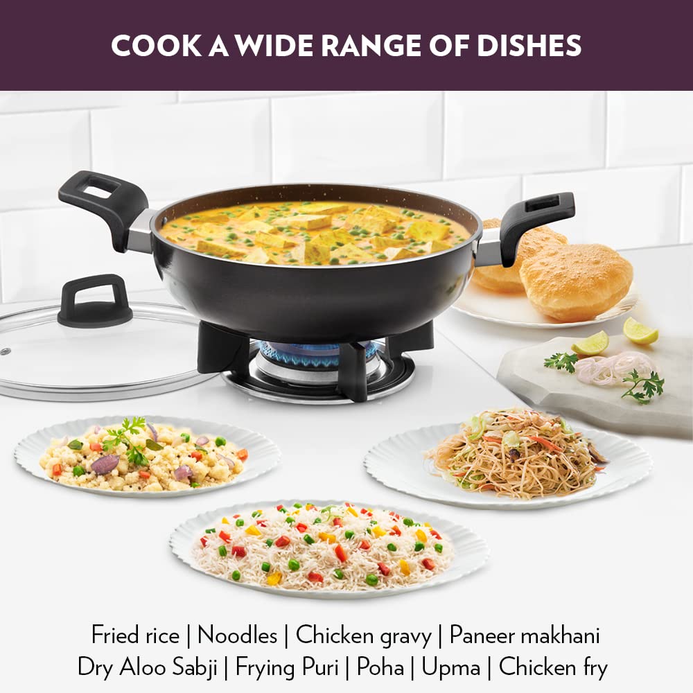 Borosil Granito Non-Stick Kadhai With Glass Lid, Induction Friendly, Granite Finish, Pfoa-Free, 28 Cm Diameter