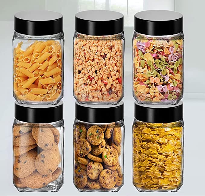 Vency Piramal Glass Cubical Square 300Ml Transparent Glass Jars & Containers For Kitchen PantryStorage With Black Plastic Lid (