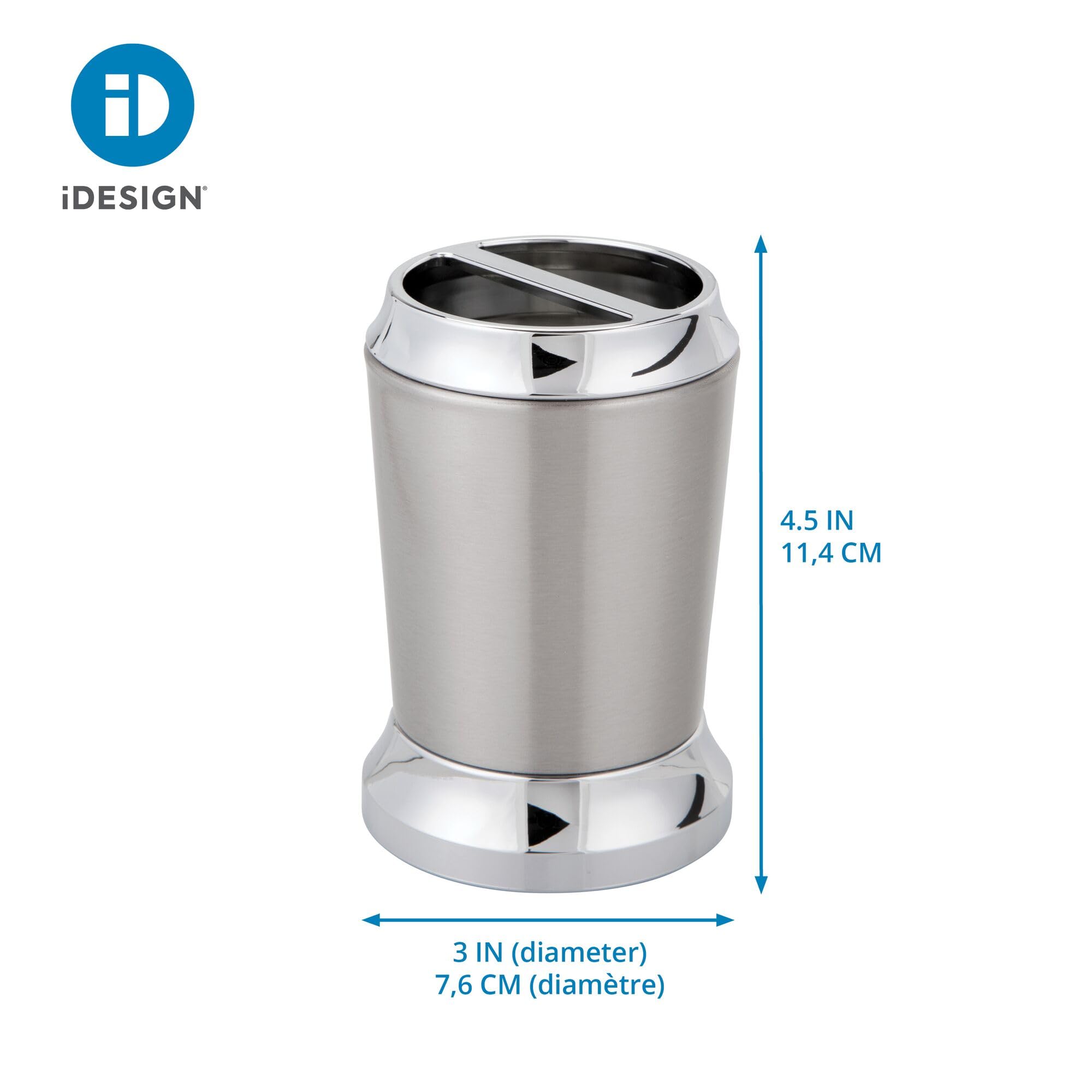 Idesign Stainless Steel Toothbrush Holder, The Preston Collection - 3'' X 3'' X 4.5   , Brushed & Chrome Split Finish