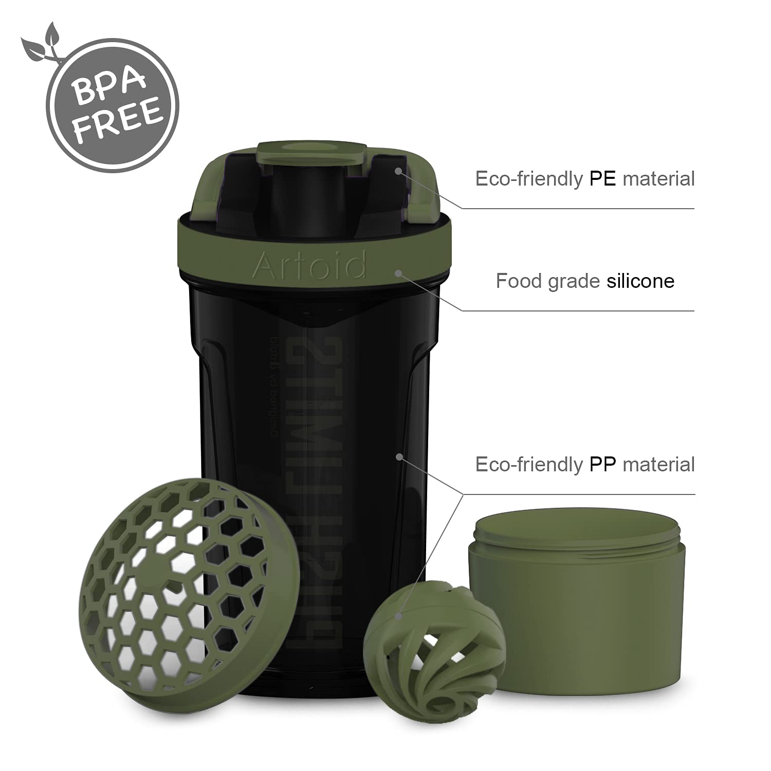 Artoid Sports Protein Shaker Bottle, 24-Ounce, Dual Mixing Technology, Bpa Free, Black/Moss Green