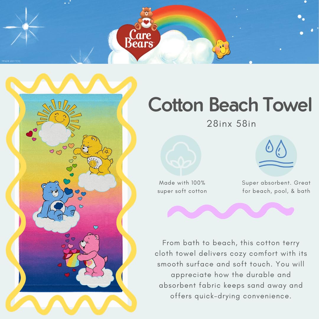 Franco Care Bears Rainbow Kids Super Soft Cotton Bath/Pool/Beach Towel, 58 In X 28 In, (Offical Licensed Product)